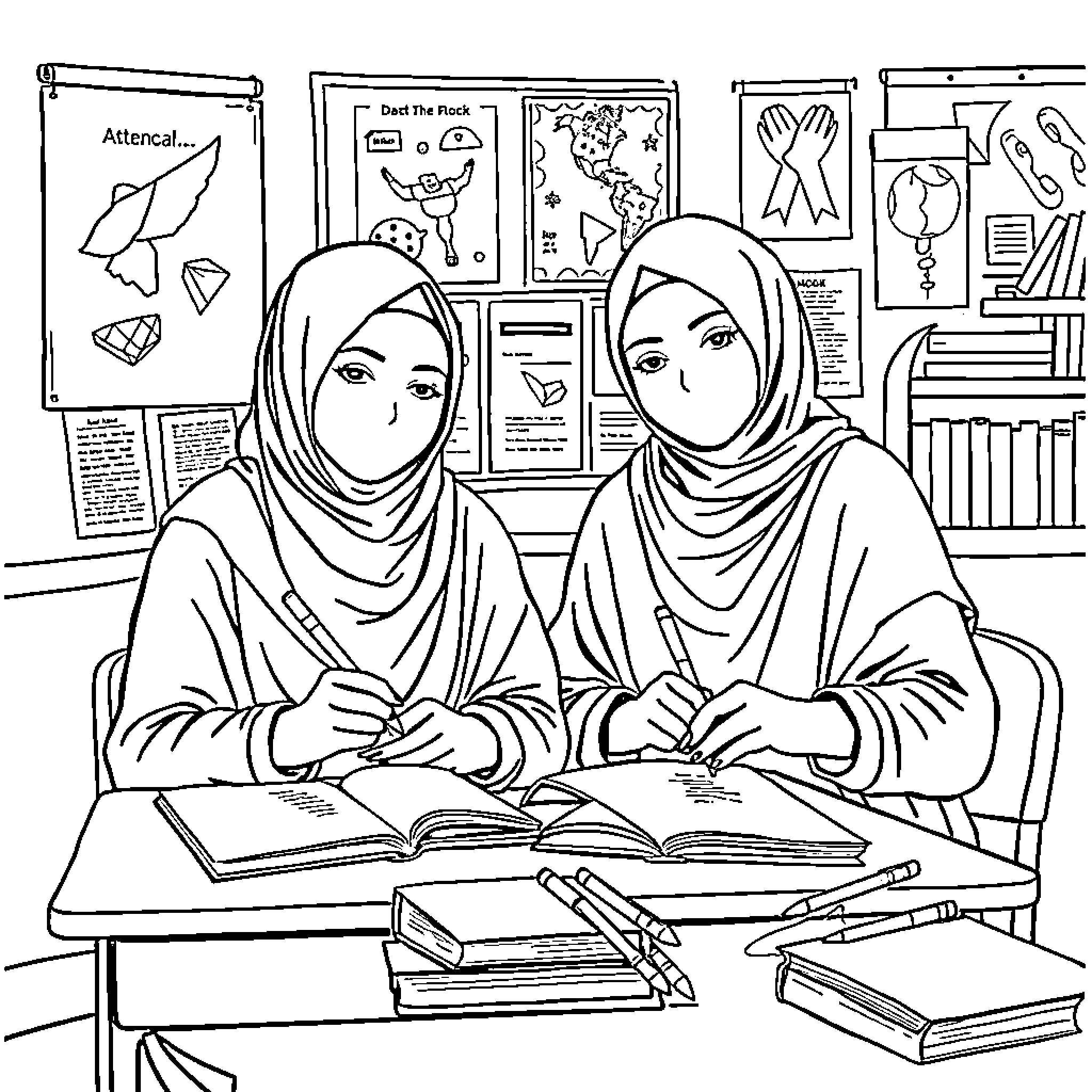 Hijab-clad students studying diligently in the classroom Coloring Page (free black-and-white line drawing printable PDF for all, from beginners to advanced learners, including children, teens, adults, and seniors)