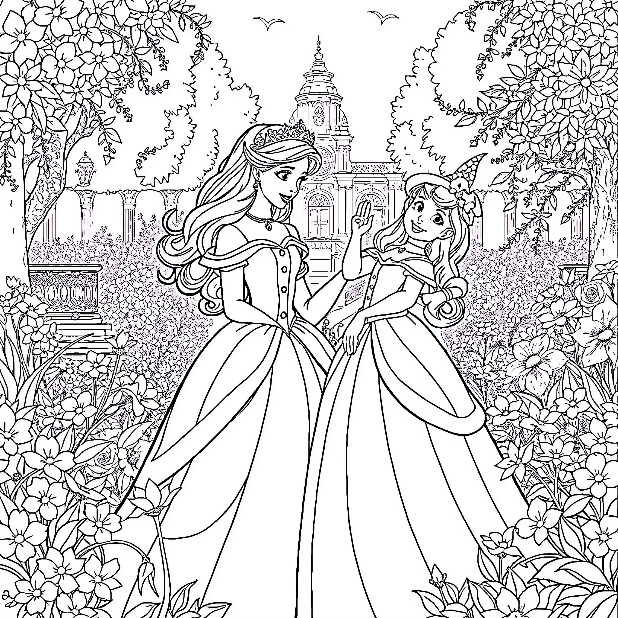 Princess and Her Pet Exploring the Palace Garden Coloring Page (free black-and-white line drawing printable PDF for all, from beginners to advanced learners, including children, teens, adults, and seniors)