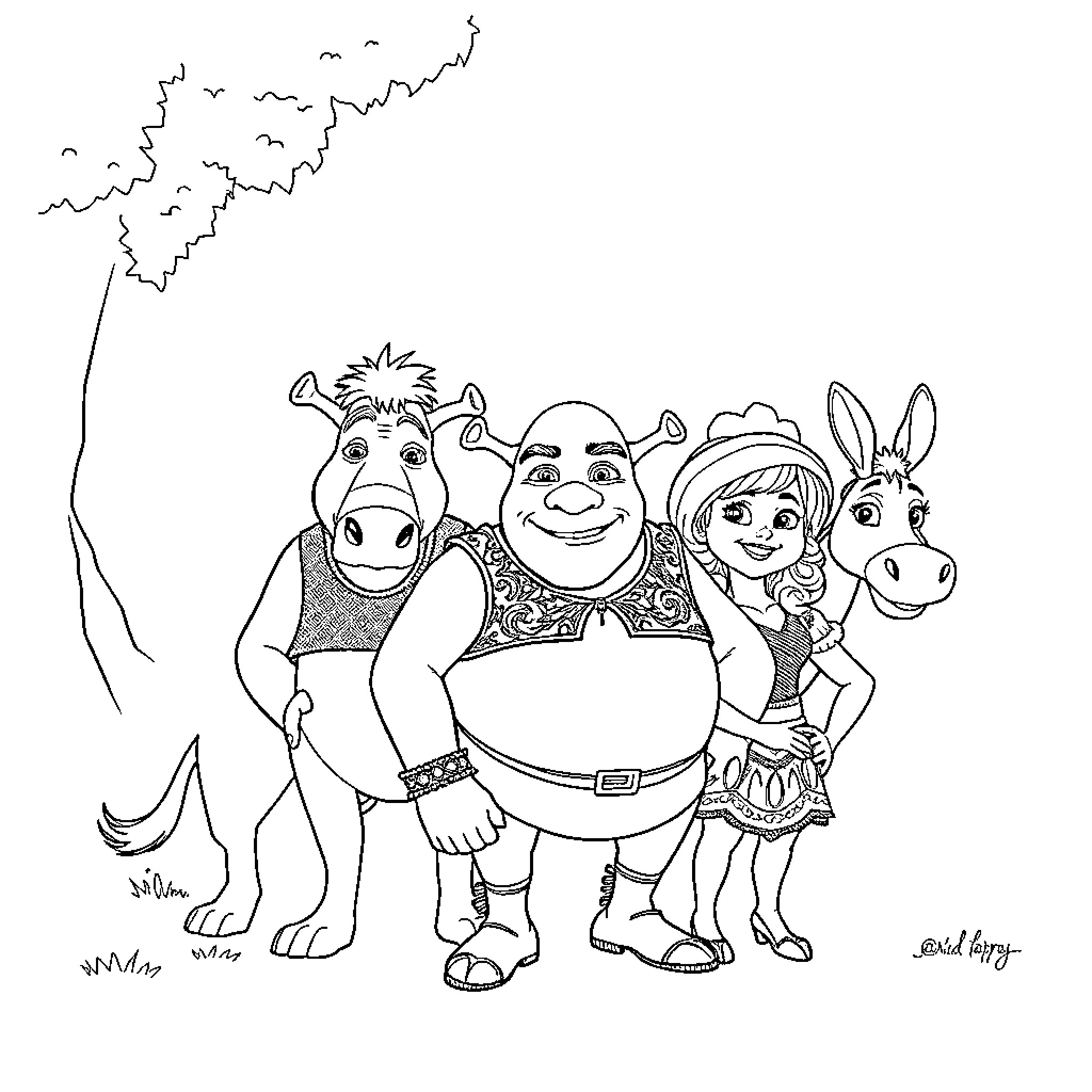 Shrek and friends in animated adventure Coloring Page (free black-and-white line drawing printable PDF for all, from beginners to advanced learners, including children, teens, adults, and seniors)