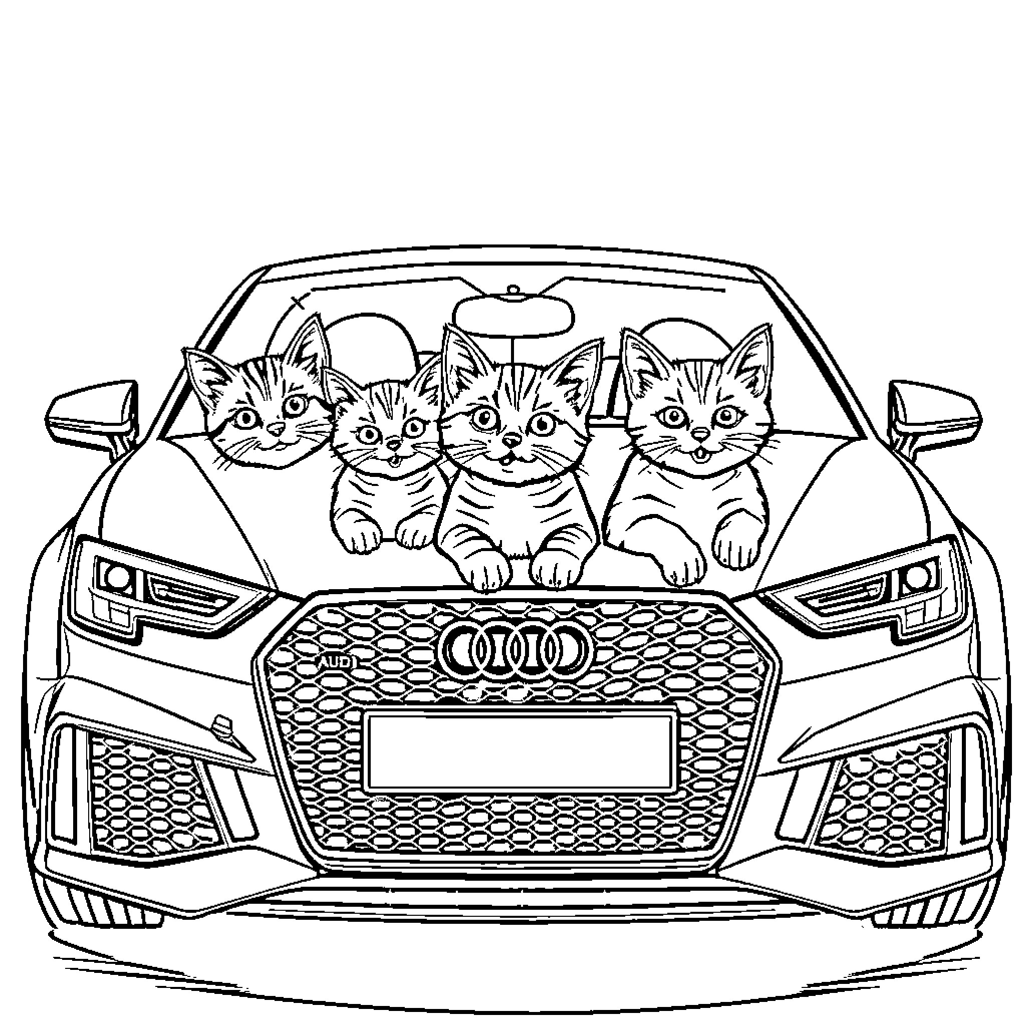 Cat Kittens Peering from Car Coloring Page (free black-and-white line drawing printable PDF for all, from beginners to advanced learners, including children, teens, adults, and seniors)