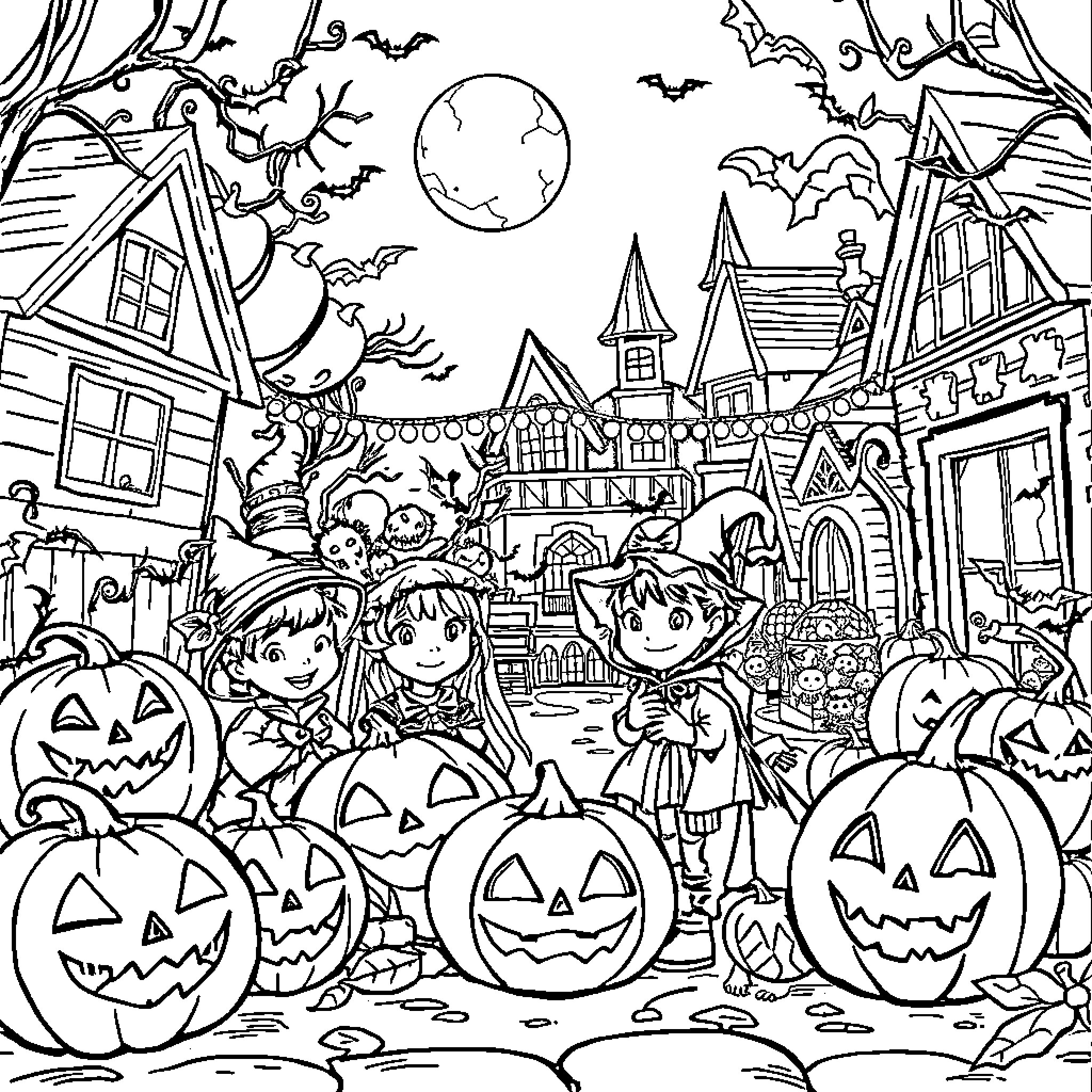 Halloween celebration in a spooky town Coloring Page (free black-and-white line drawing printable PDF for all, from beginners to advanced learners, including children, teens, adults, and seniors)