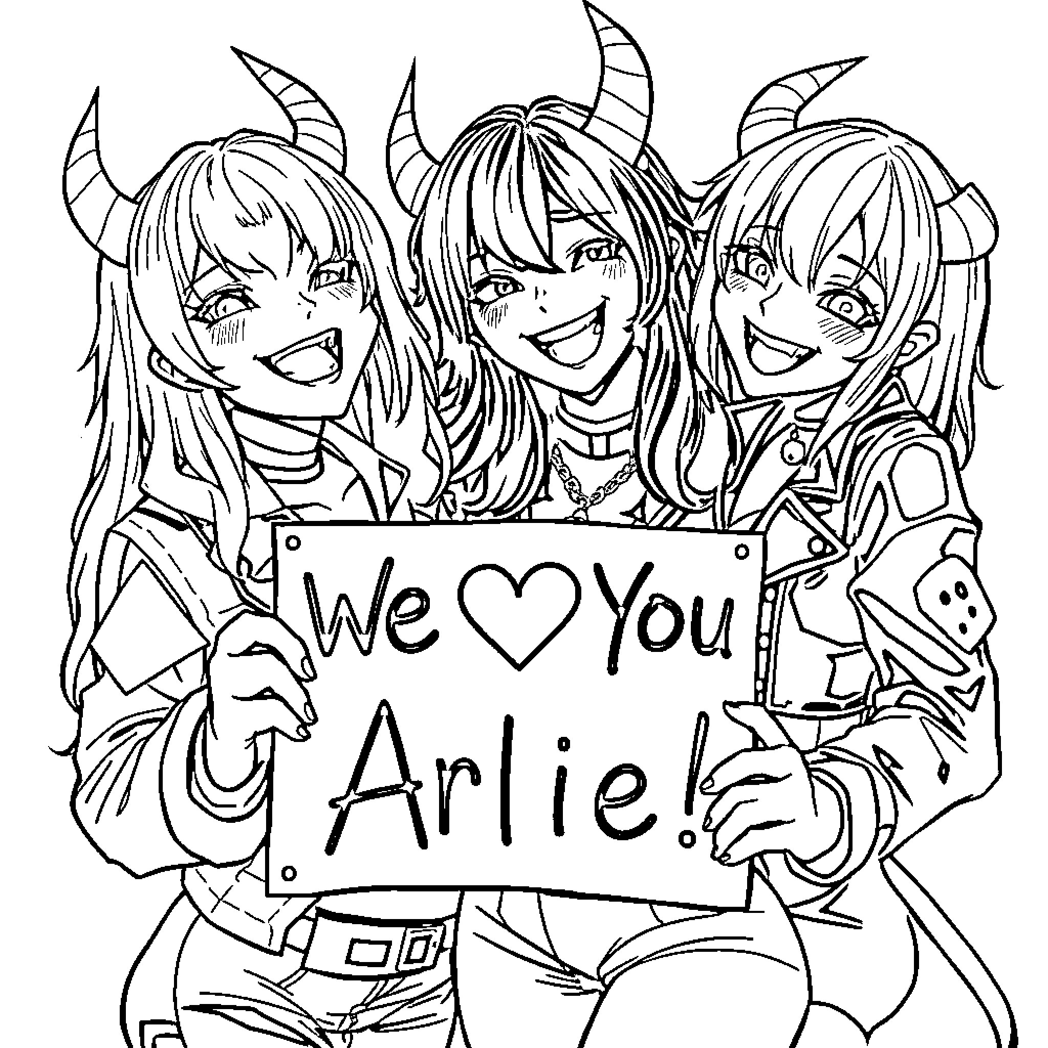 Huntrix Love and Support for Arlie Coloring Page (free black-and-white line drawing printable PDF for all, from beginners to advanced learners, including children, teens, adults, and seniors)