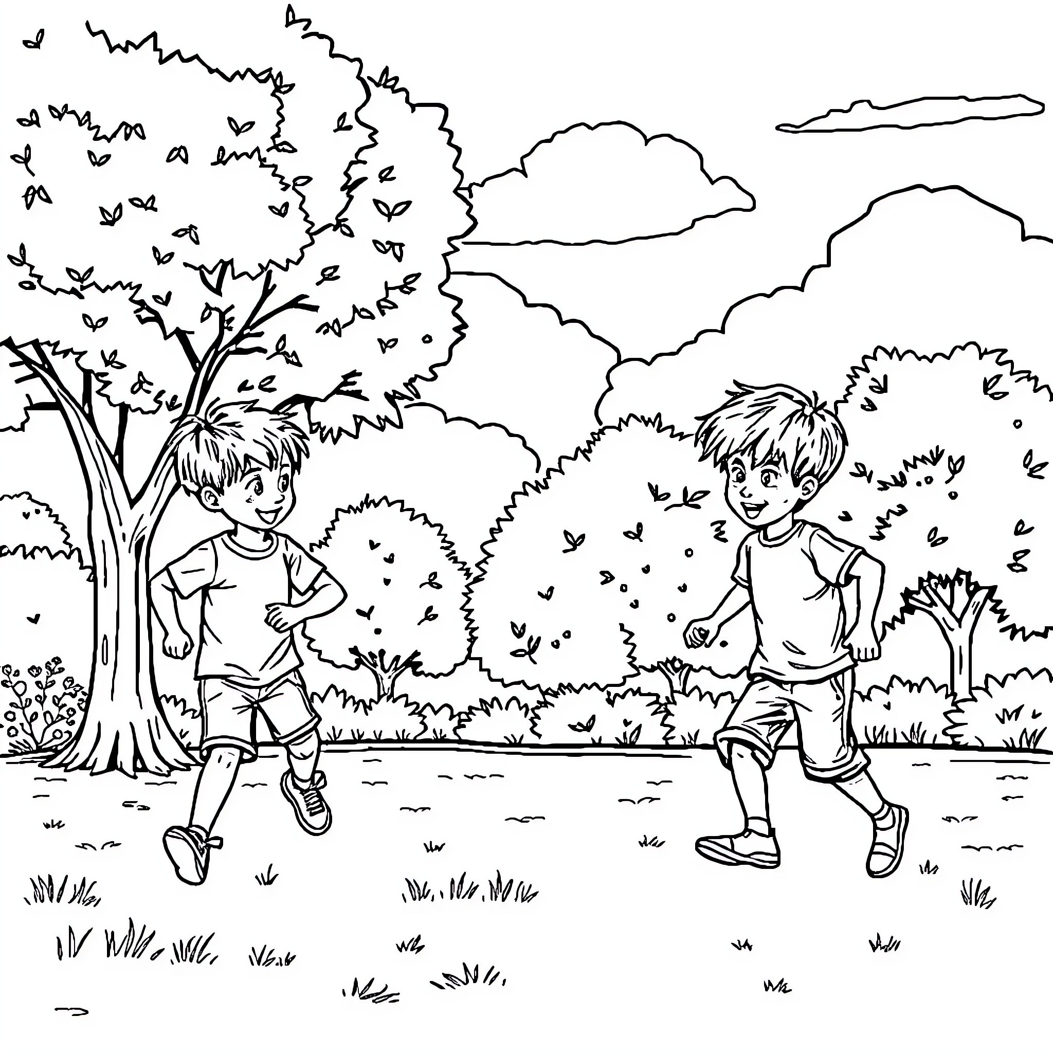 Children playing in the park Coloring Page (free black-and-white line drawing printable PDF for all, from beginners to advanced learners, including children, teens, adults, and seniors)