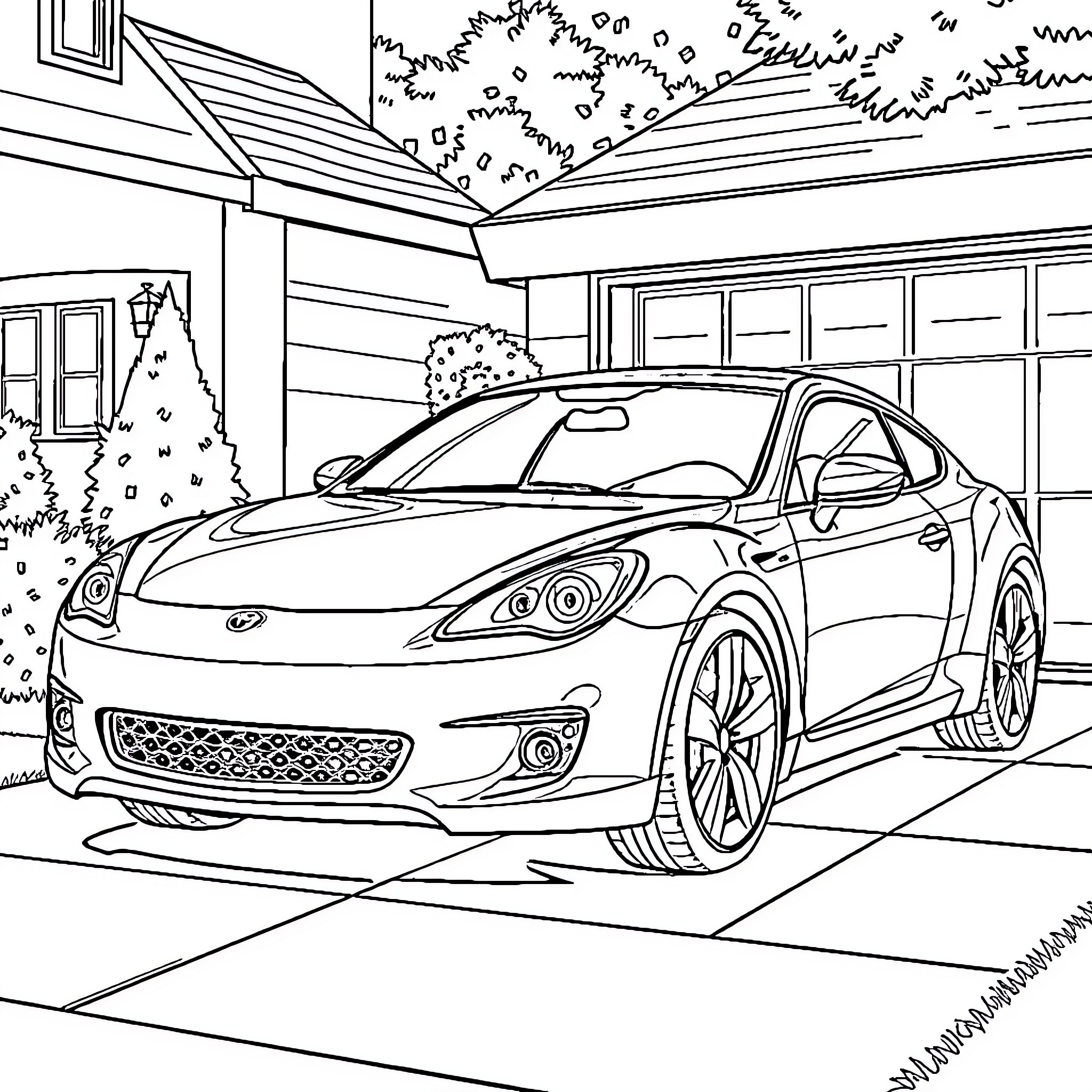 Car parked in a snowy driveway with a house Coloring Page (free black-and-white line drawing printable PDF for all, from beginners to advanced learners, including children, teens, adults, and seniors)