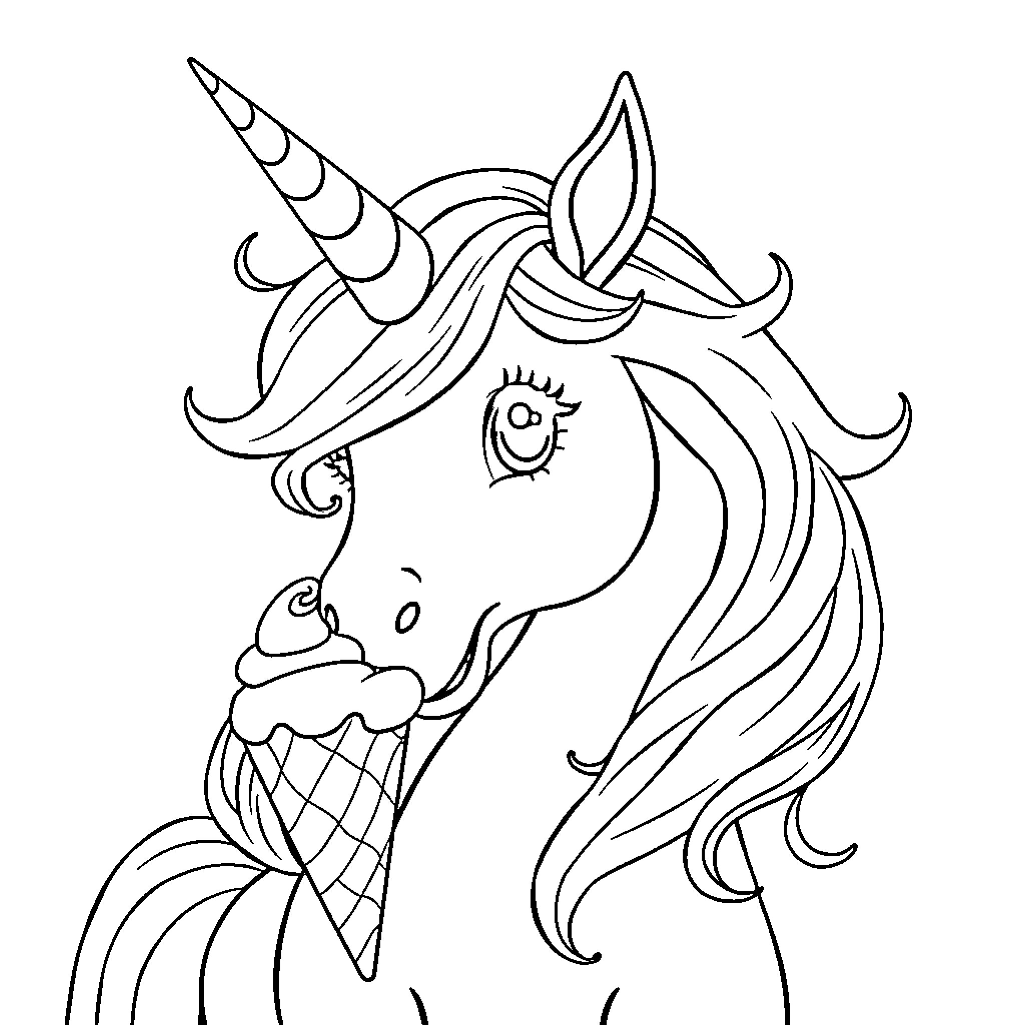 Unicorn enjoying an ice cream cone Coloring Page (free black-and-white line drawing printable PDF for all, from beginners to advanced learners, including children, teens, adults, and seniors)