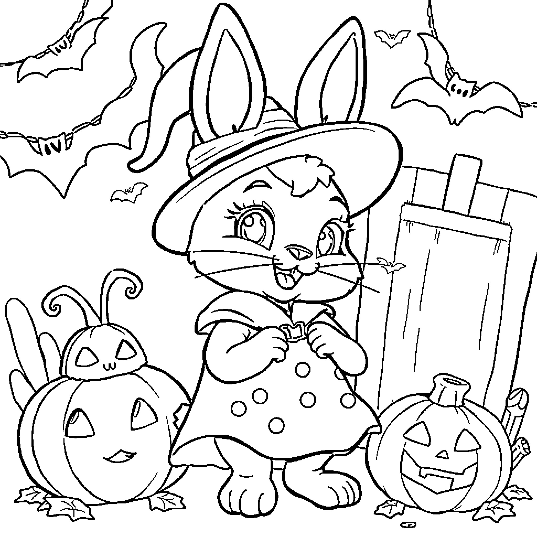 Lola Bunny's Festive Halloween Celebration Coloring Page (free black-and-white line drawing printable PDF for all, from beginners to advanced learners, including children, teens, adults, and seniors)