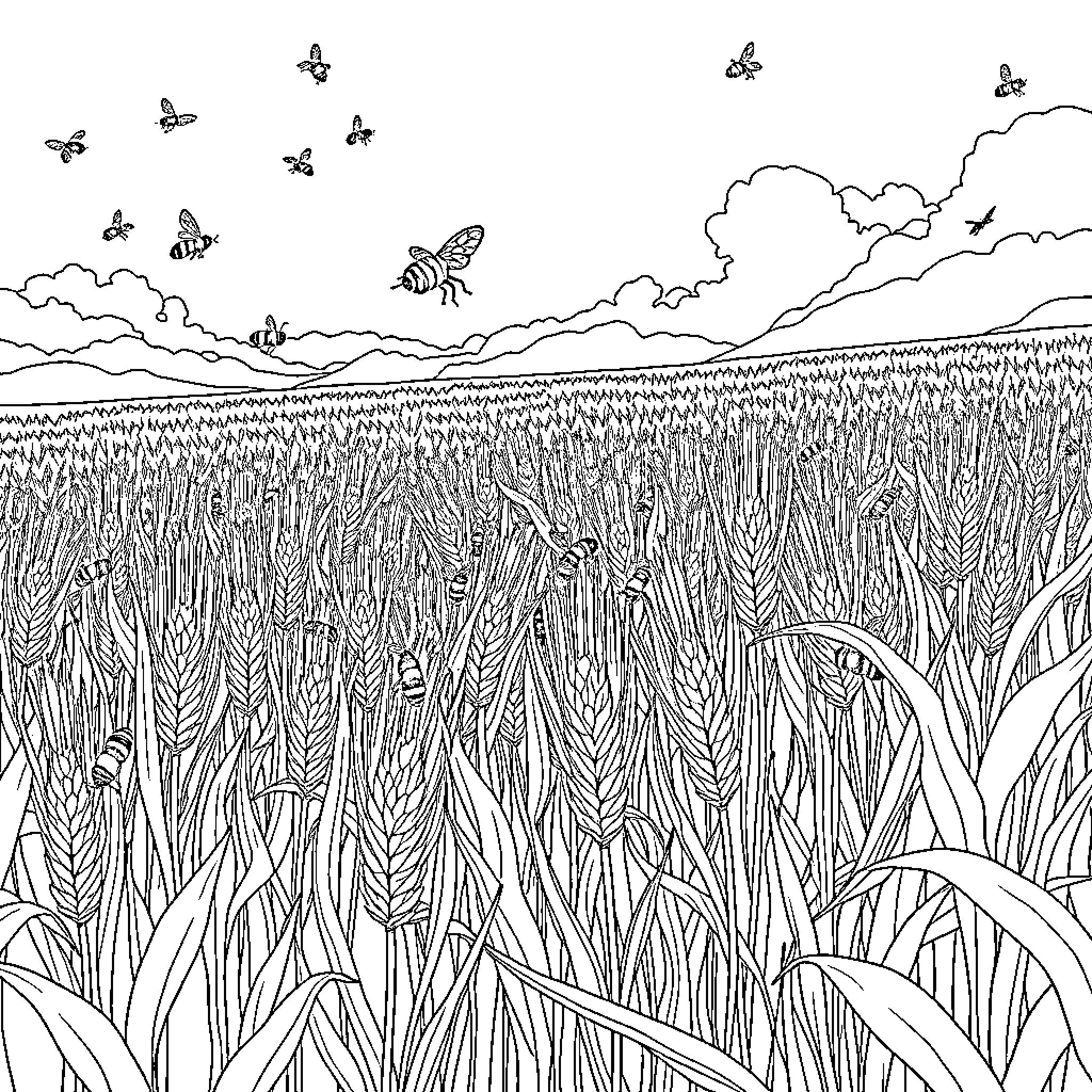 Insects swarming over a field of crops Coloring Page (free black-and-white line drawing printable PDF for all, from beginners to advanced learners, including children, teens, adults, and seniors)