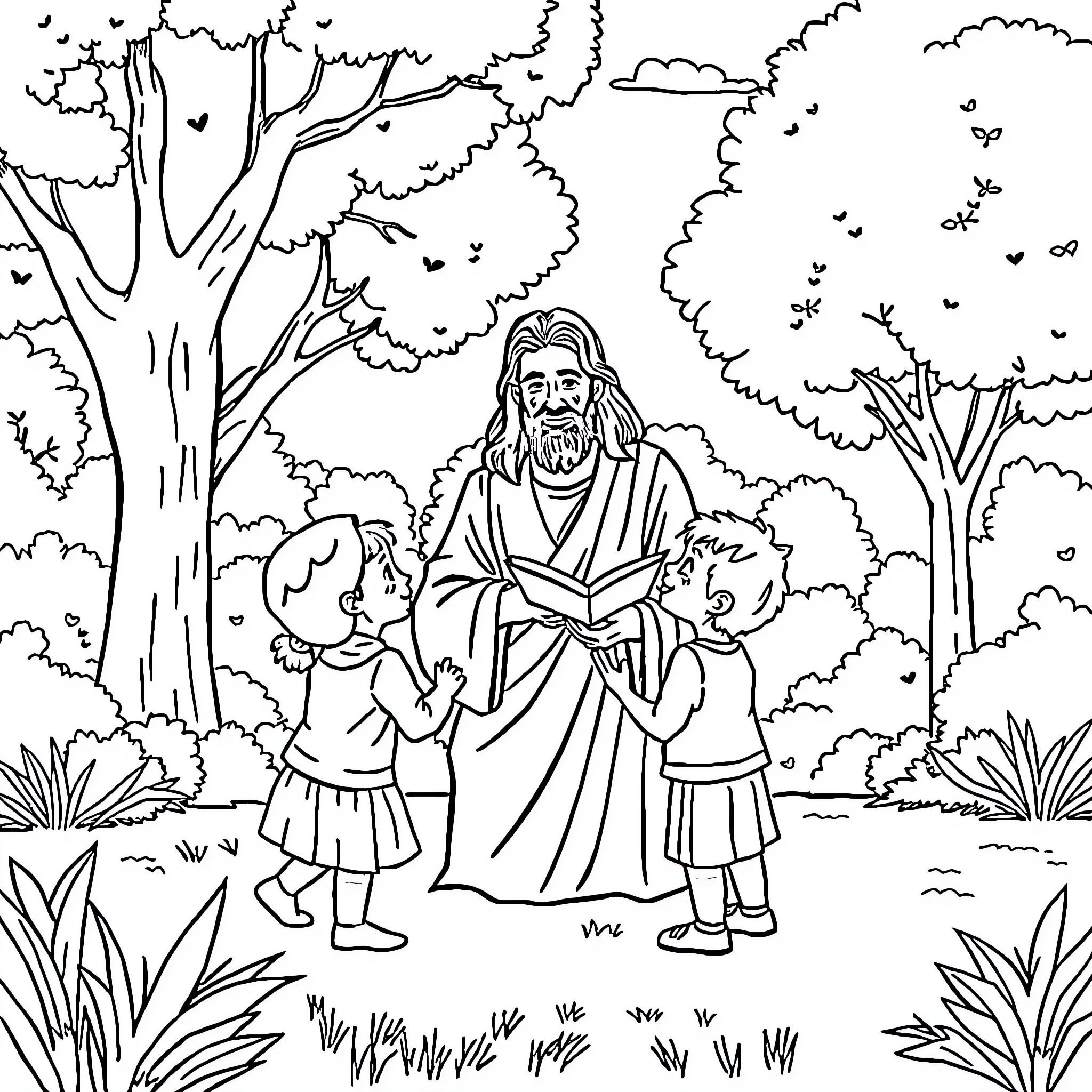 Jesus embracing children in a peaceful garden Coloring Page (free black-and-white line drawing printable PDF for all, from beginners to advanced learners, including children, teens, adults, and seniors)