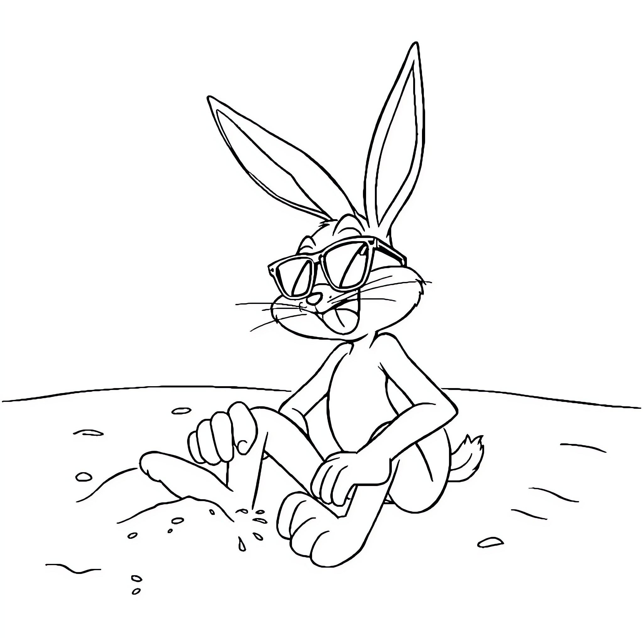 Bugs Bunny relaxing in the outdoors Coloring Page (free black-and-white line drawing printable PDF for all, from beginners to advanced learners, including children, teens, adults, and seniors)