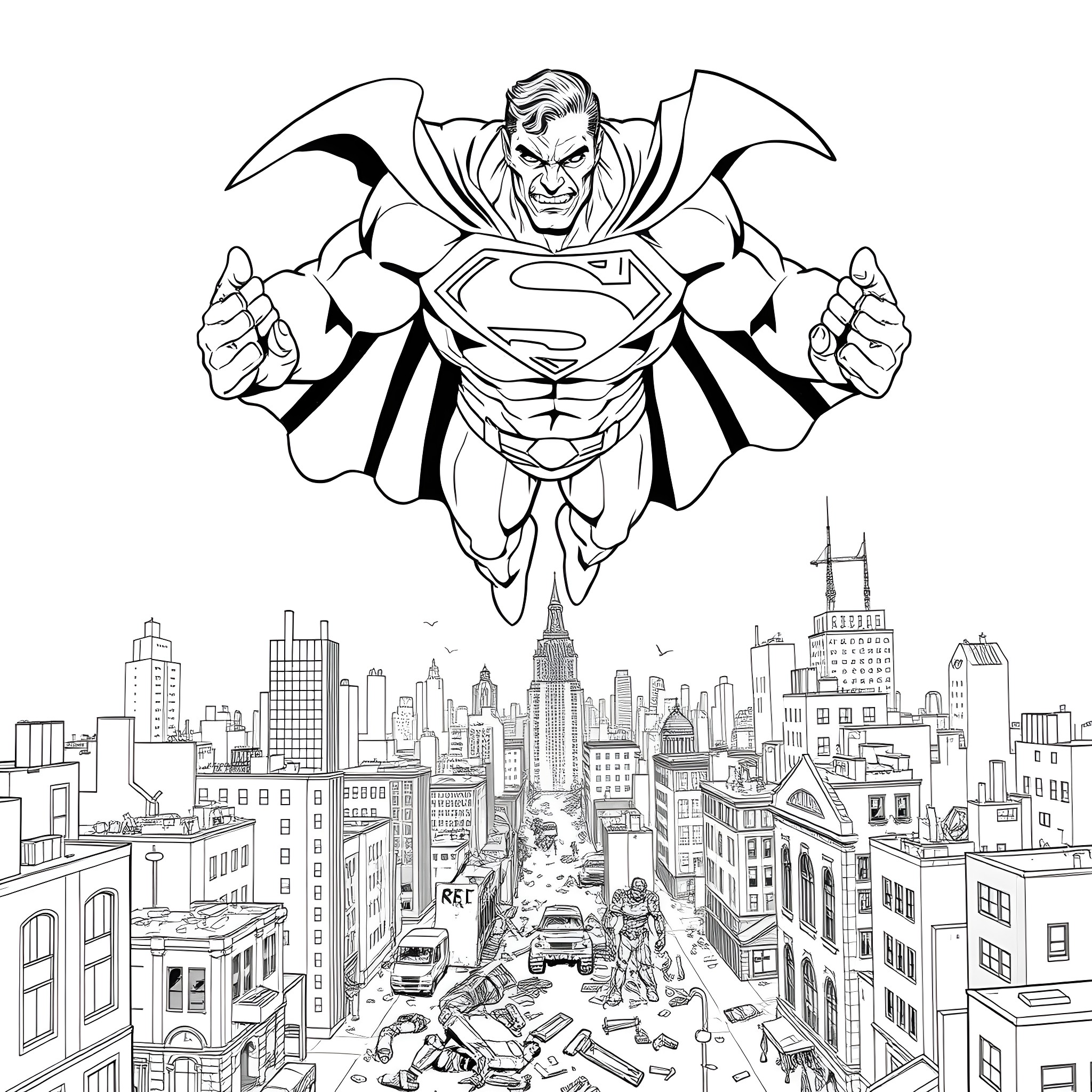 Zombie superhero flying over destroyed city Coloring Page (free black-and-white line drawing printable PDF for all, from beginners to advanced learners, including children, teens, adults, and seniors)