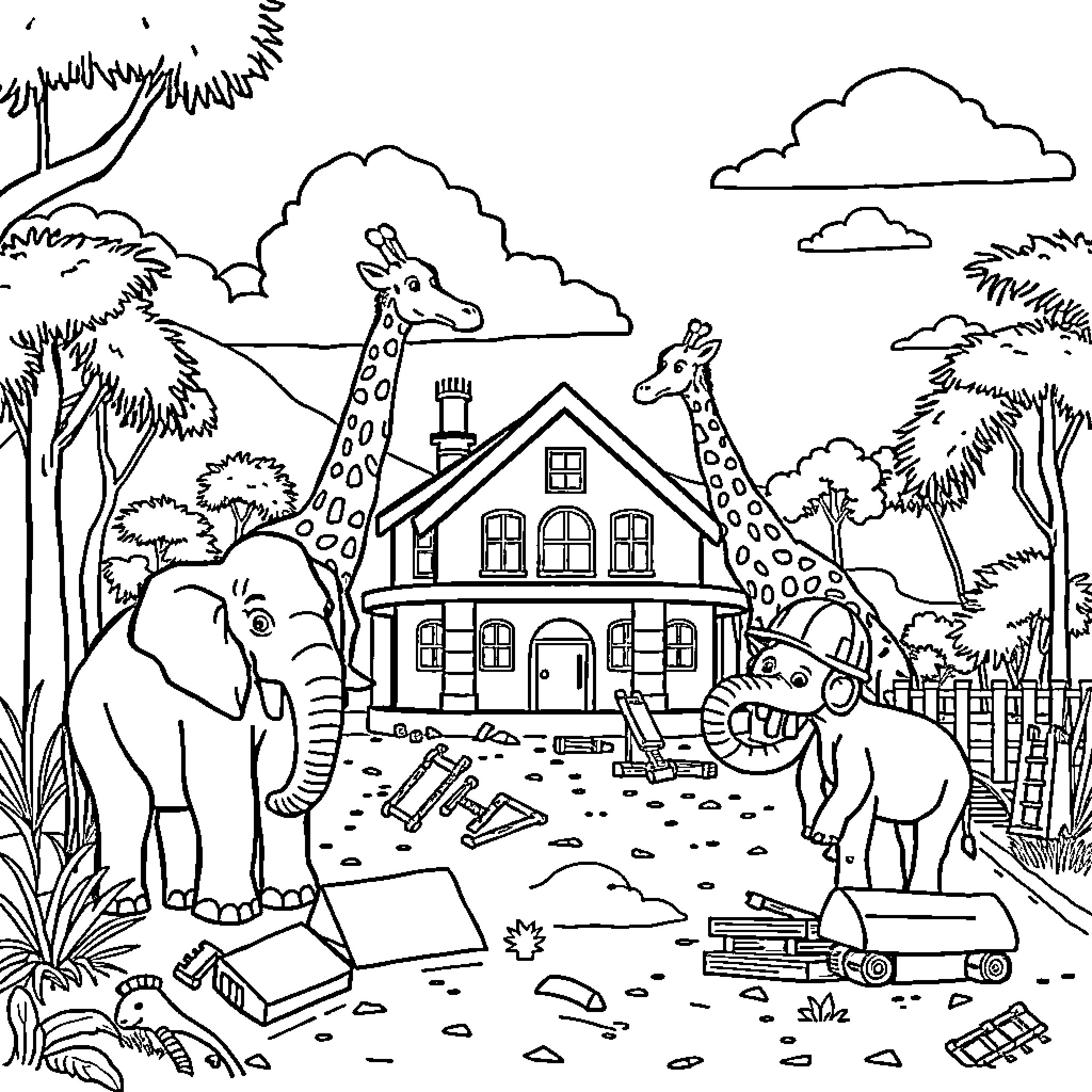 Zoo Animals Exploring the Neighborhood Coloring Page (free black-and-white line drawing printable PDF for all, from beginners to advanced learners, including children, teens, adults, and seniors)