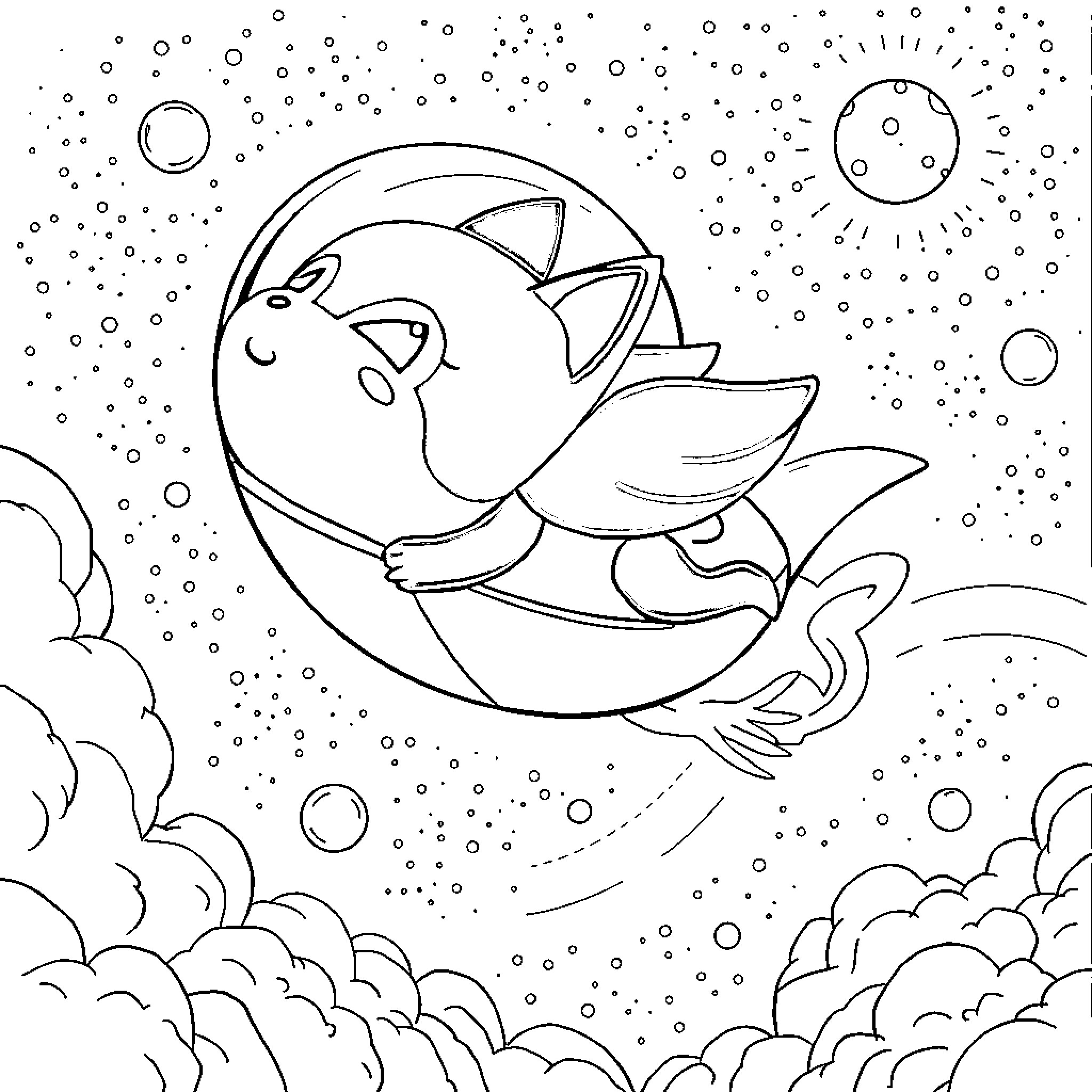 Kuromi flying through a starry space scene Coloring Page (free black-and-white line drawing printable PDF for all, from beginners to advanced learners, including children, teens, adults, and seniors)