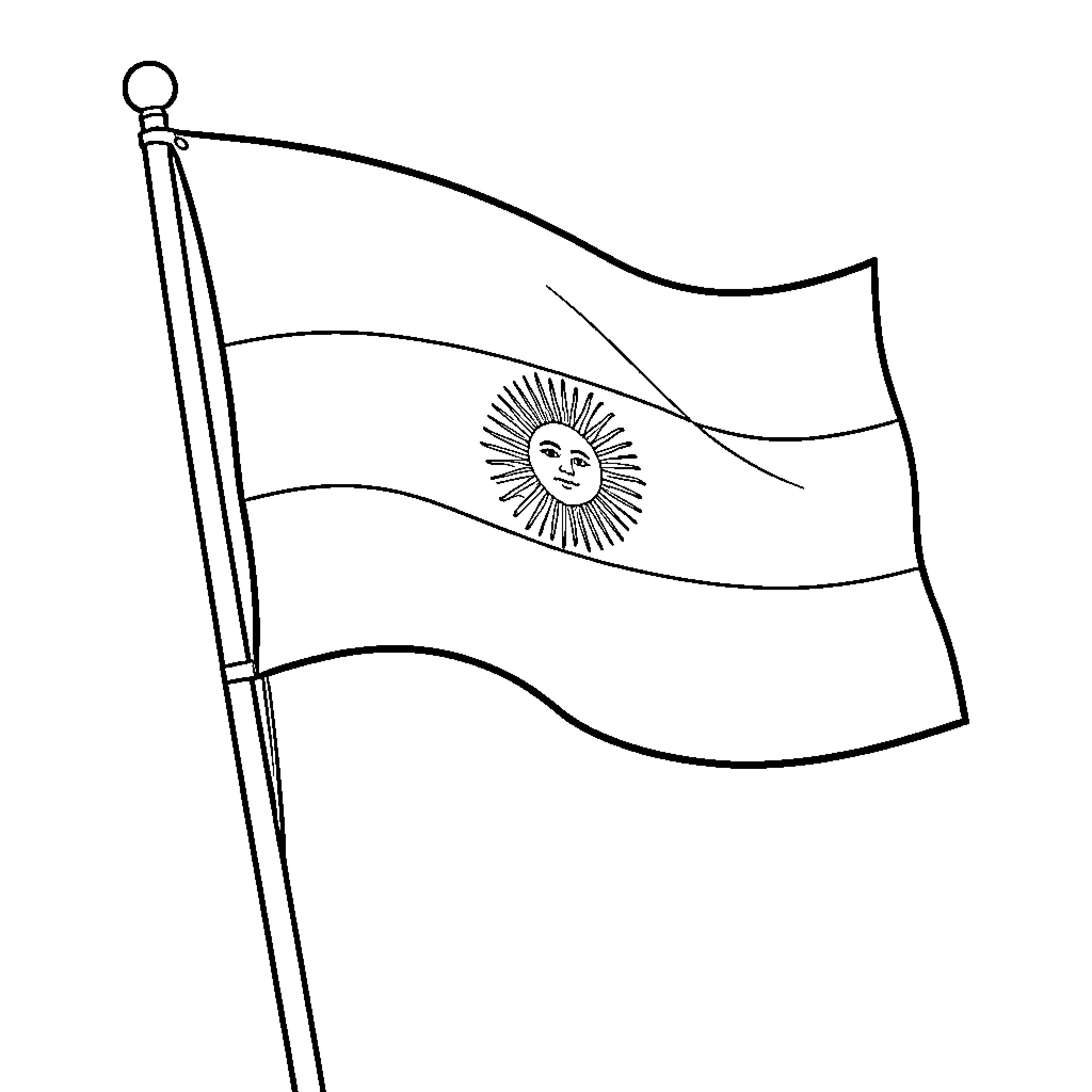 Argentina Flag waving proudly on a flagpole Coloring Page (free black-and-white line drawing printable PDF for all, from beginners to advanced learners, including children, teens, adults, and seniors)