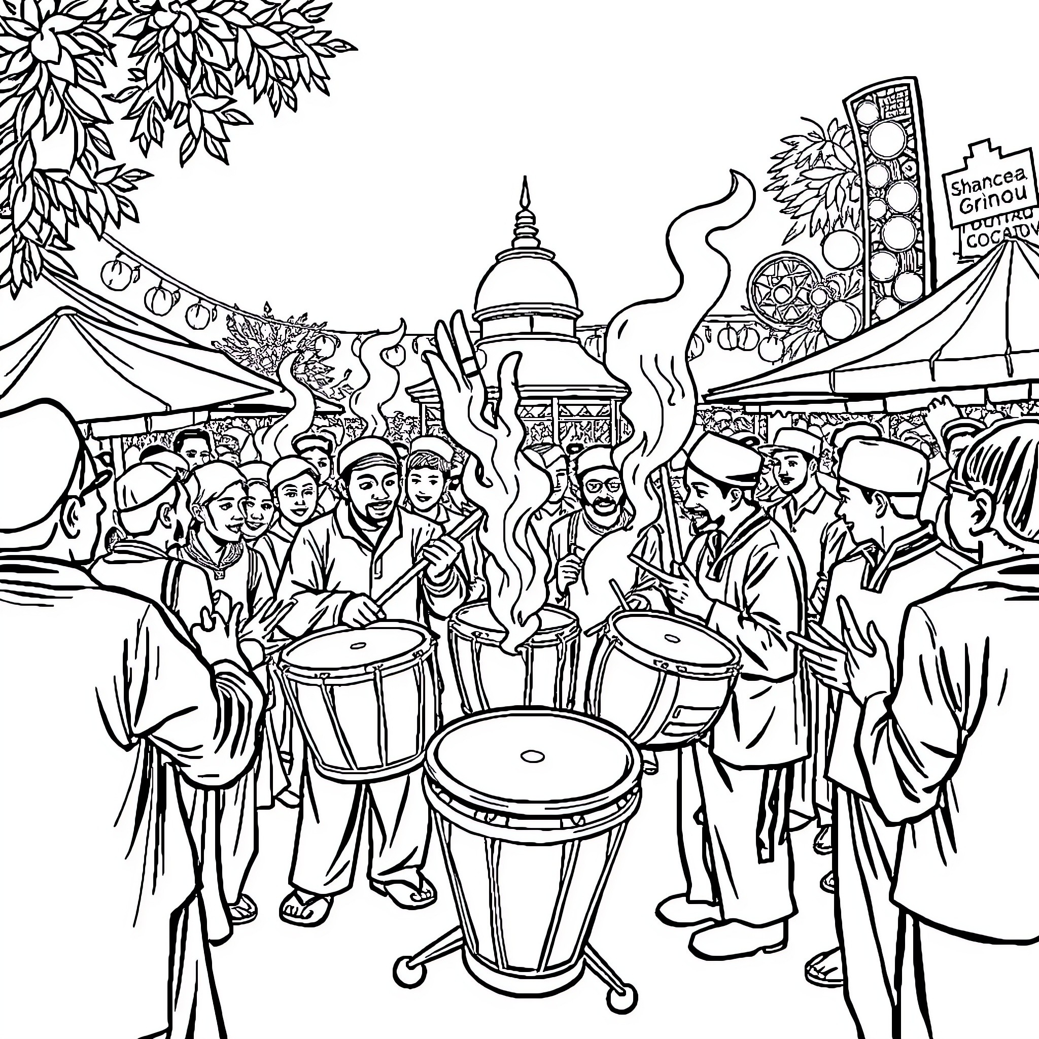 Sahur celebrations with lively drumming and festive atmosphere Coloring Page (free black-and-white line drawing printable PDF for all, from beginners to advanced learners, including children, teens, adults, and seniors)