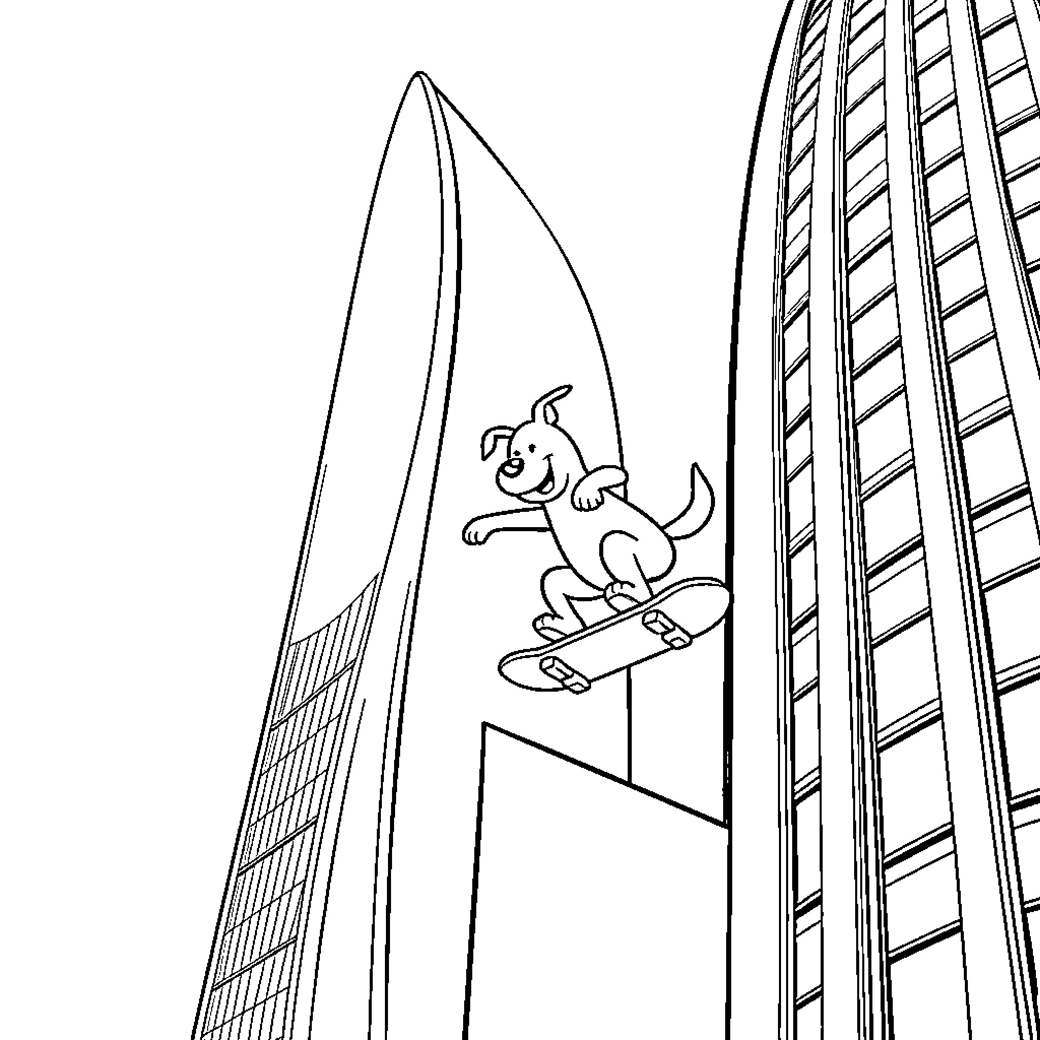 Dog riding skateboard down ramp Coloring Page (free black-and-white line drawing printable PDF for all, from beginners to advanced learners, including children, teens, adults, and seniors)