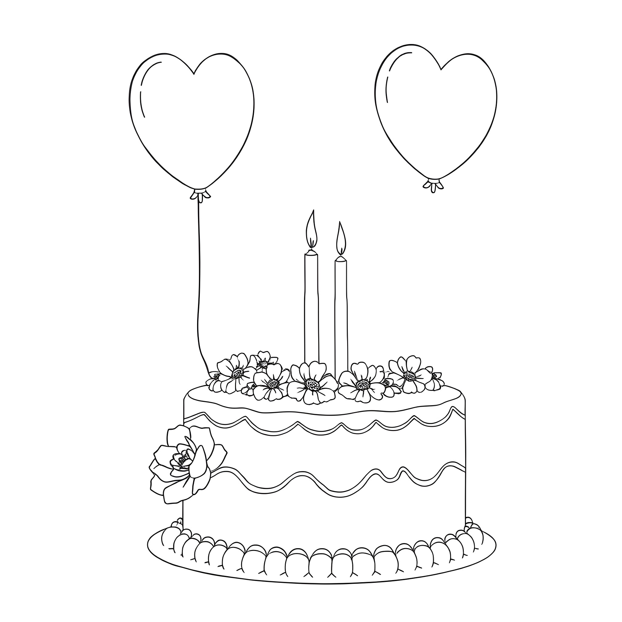 Cake with heart-shaped balloons and candles Coloring Page (free black-and-white line drawing printable PDF for all, from beginners to advanced learners, including children, teens, adults, and seniors)