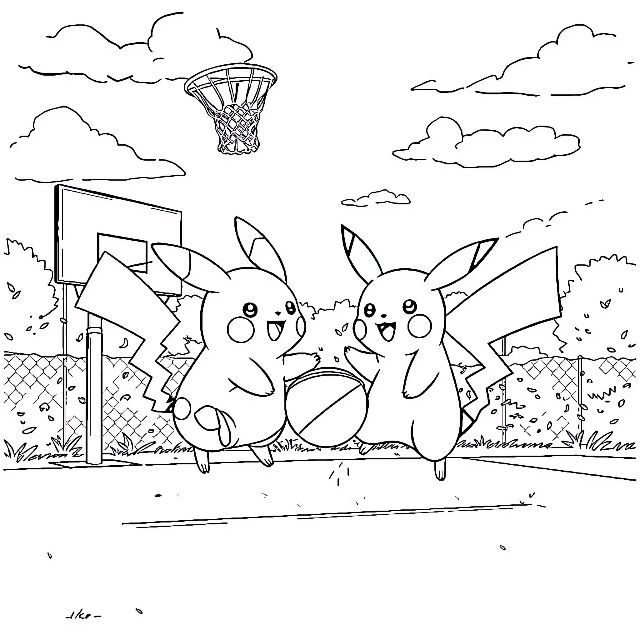 Pikachu playing basketball with friends Coloring Page (free black-and-white line drawing printable PDF for all, from beginners to advanced learners, including children, teens, adults, and seniors)