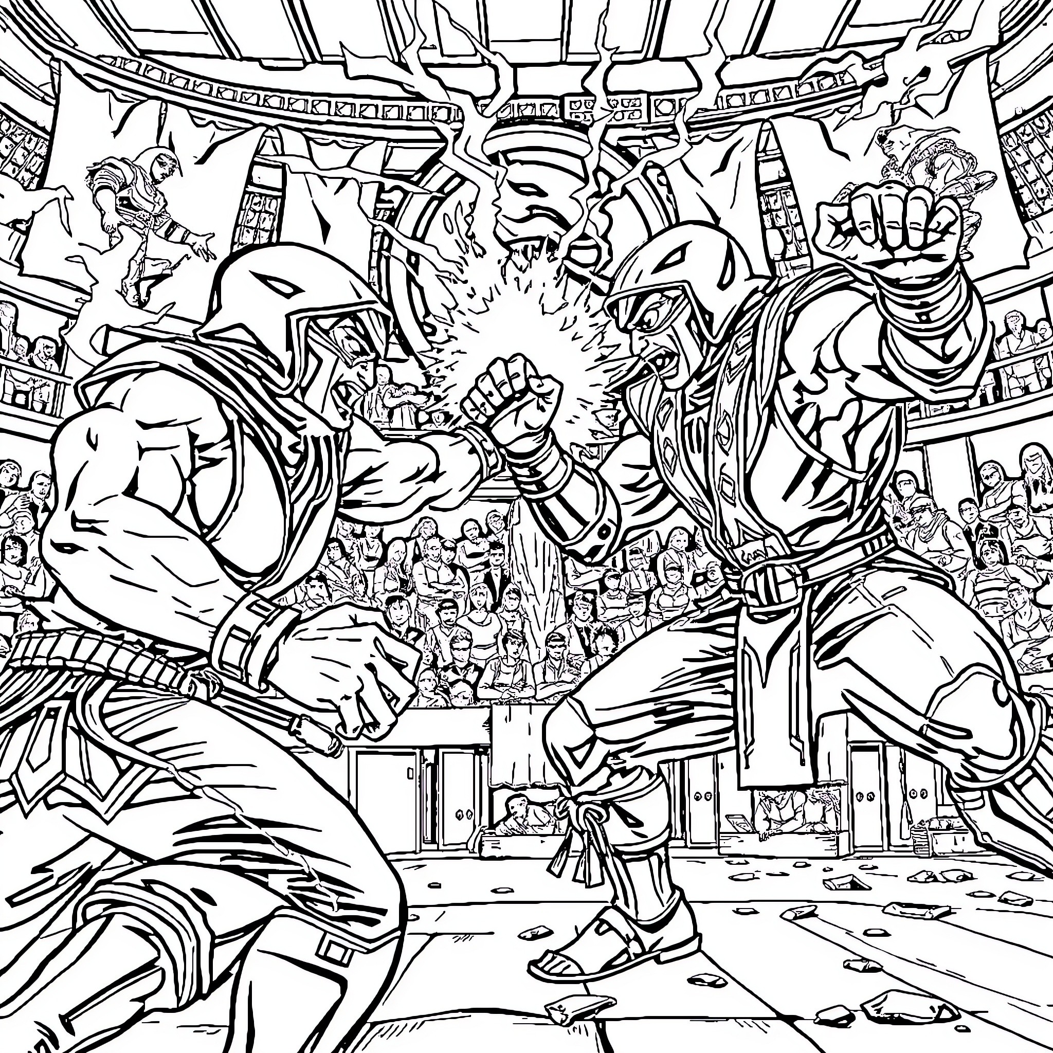 Mortal Kombat: Intense Battle in the Arena Coloring Page (free black-and-white line drawing printable PDF for all, from beginners to advanced learners, including children, teens, adults, and seniors)