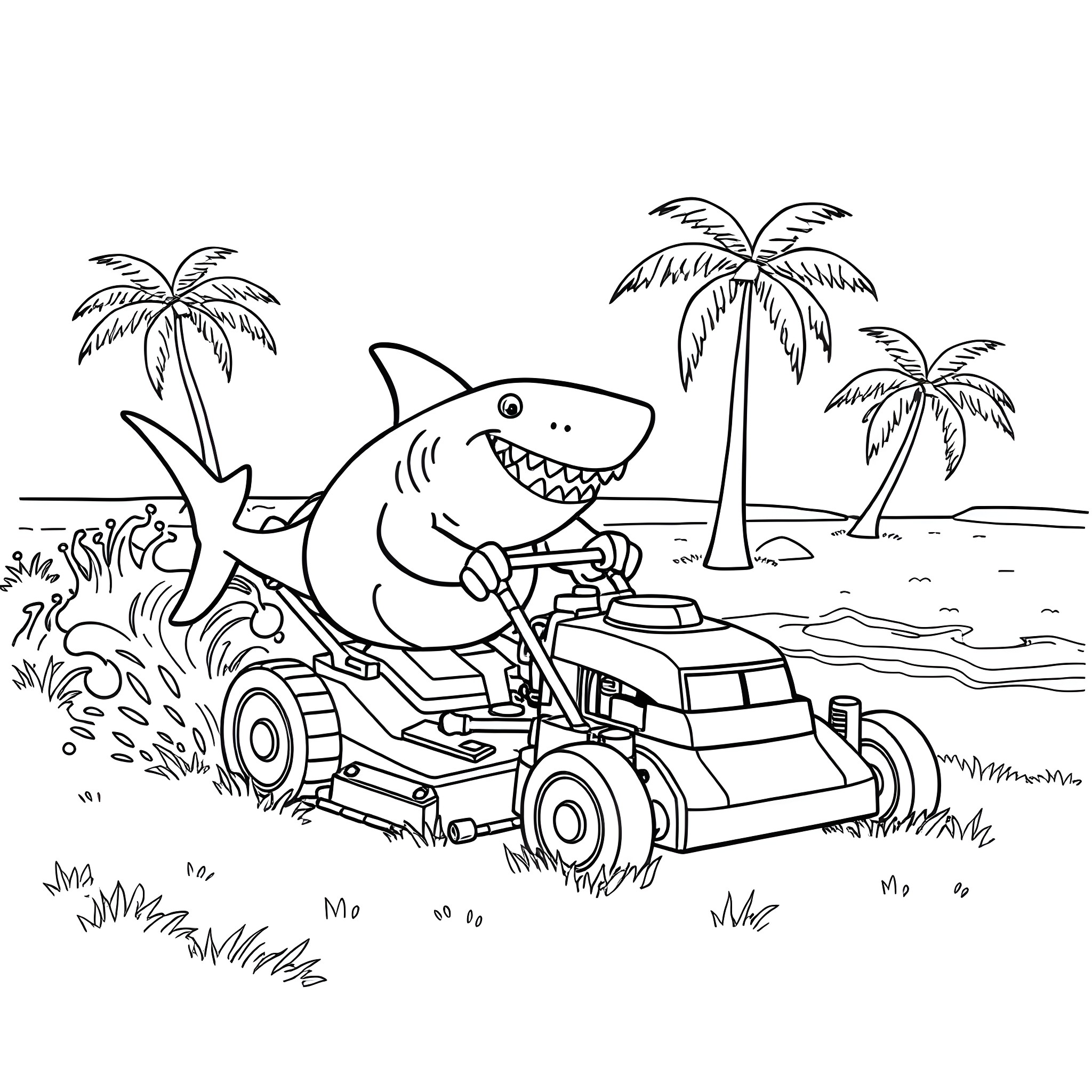 Shark riding a lawn mower on a tropical beach Coloring Page (free black-and-white line drawing printable PDF for all, from beginners to advanced learners, including children, teens, adults, and seniors)