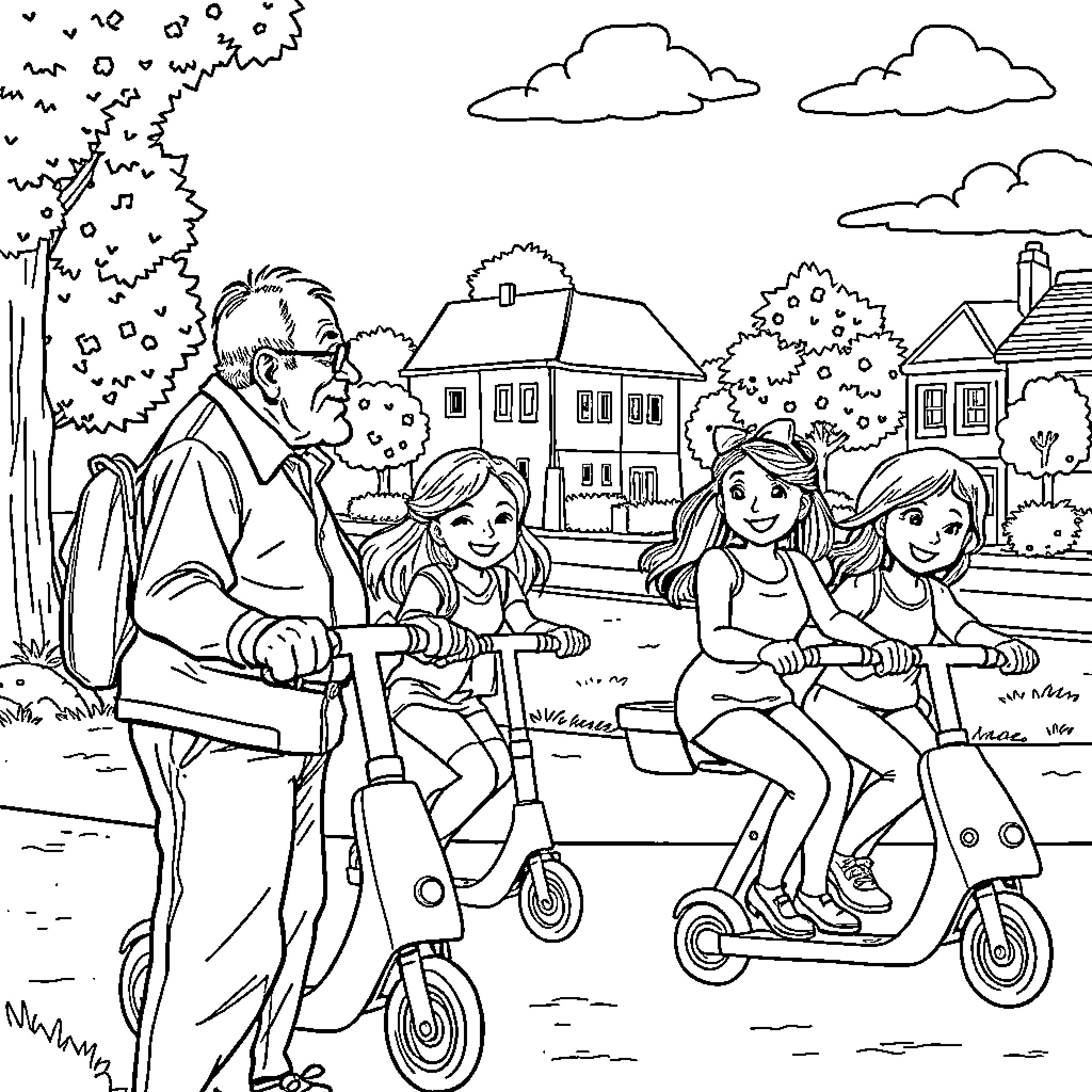 Guy enjoys scooter ride with family in neighborhood Coloring Page (free black-and-white line drawing printable PDF for all, from beginners to advanced learners, including children, teens, adults, and seniors)