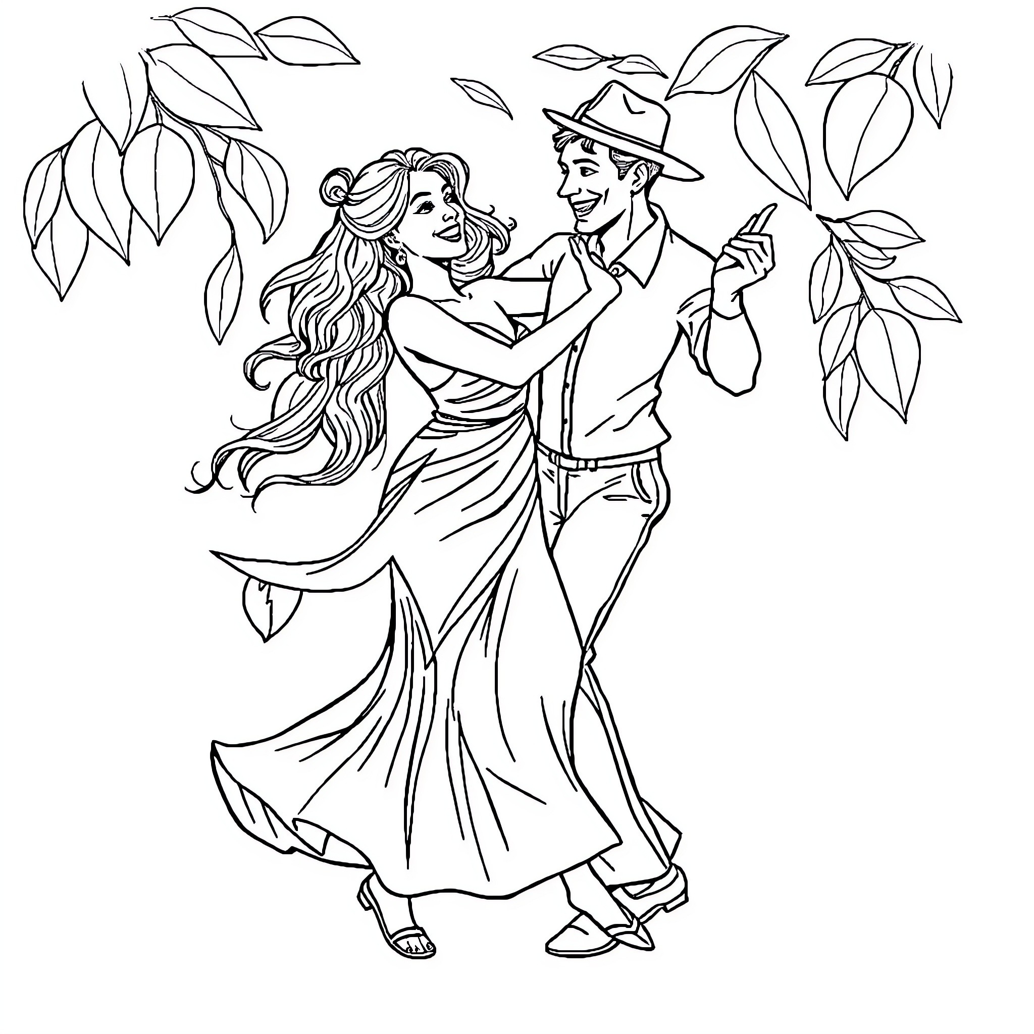 Mango-themed romantic dance in the garden Coloring Page (free black-and-white line drawing printable PDF for all, from beginners to advanced learners, including children, teens, adults, and seniors)