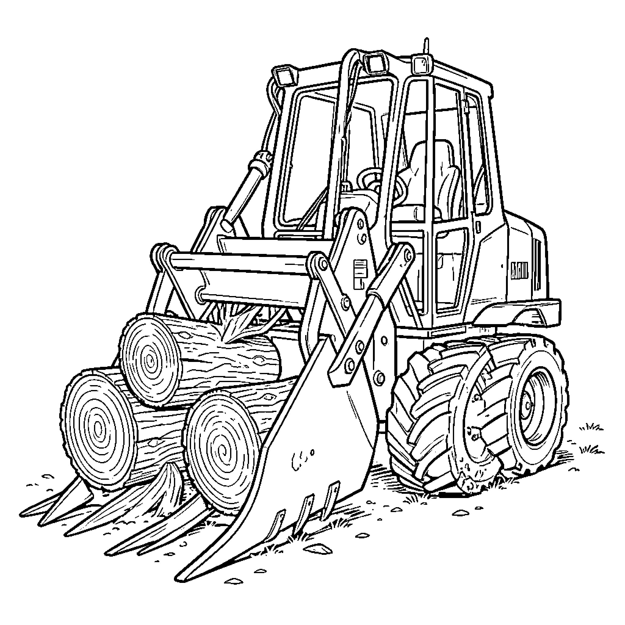 Log Splitter Machinery Operating in Outdoor Scene Coloring Page (free black-and-white line drawing printable PDF for all, from beginners to advanced learners, including children, teens, adults, and seniors)