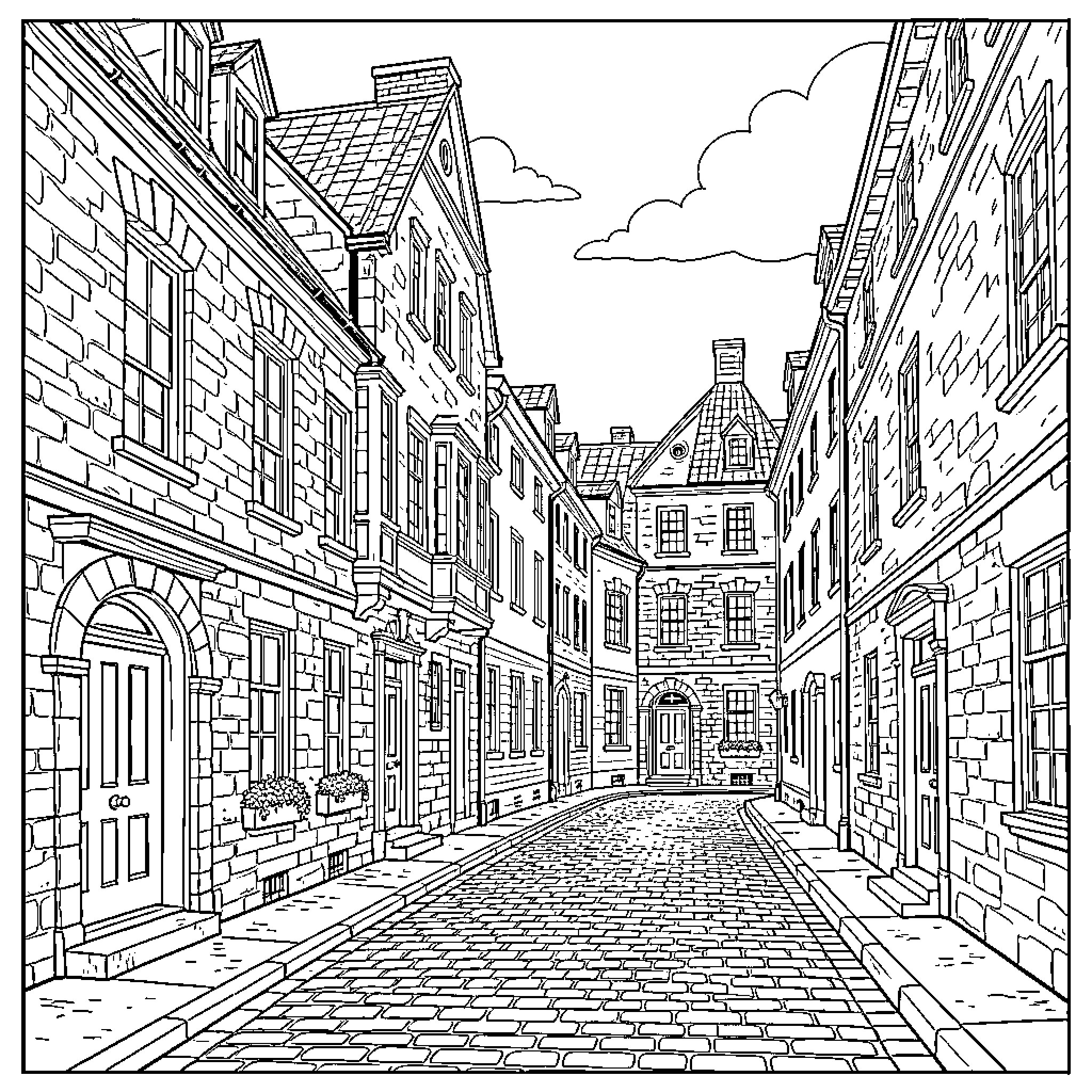 Quebec street scene featuring historic stone buildings and cobblestones Coloring Page (free black-and-white line drawing printable PDF for all, from beginners to advanced learners, including children, teens, adults, and seniors)