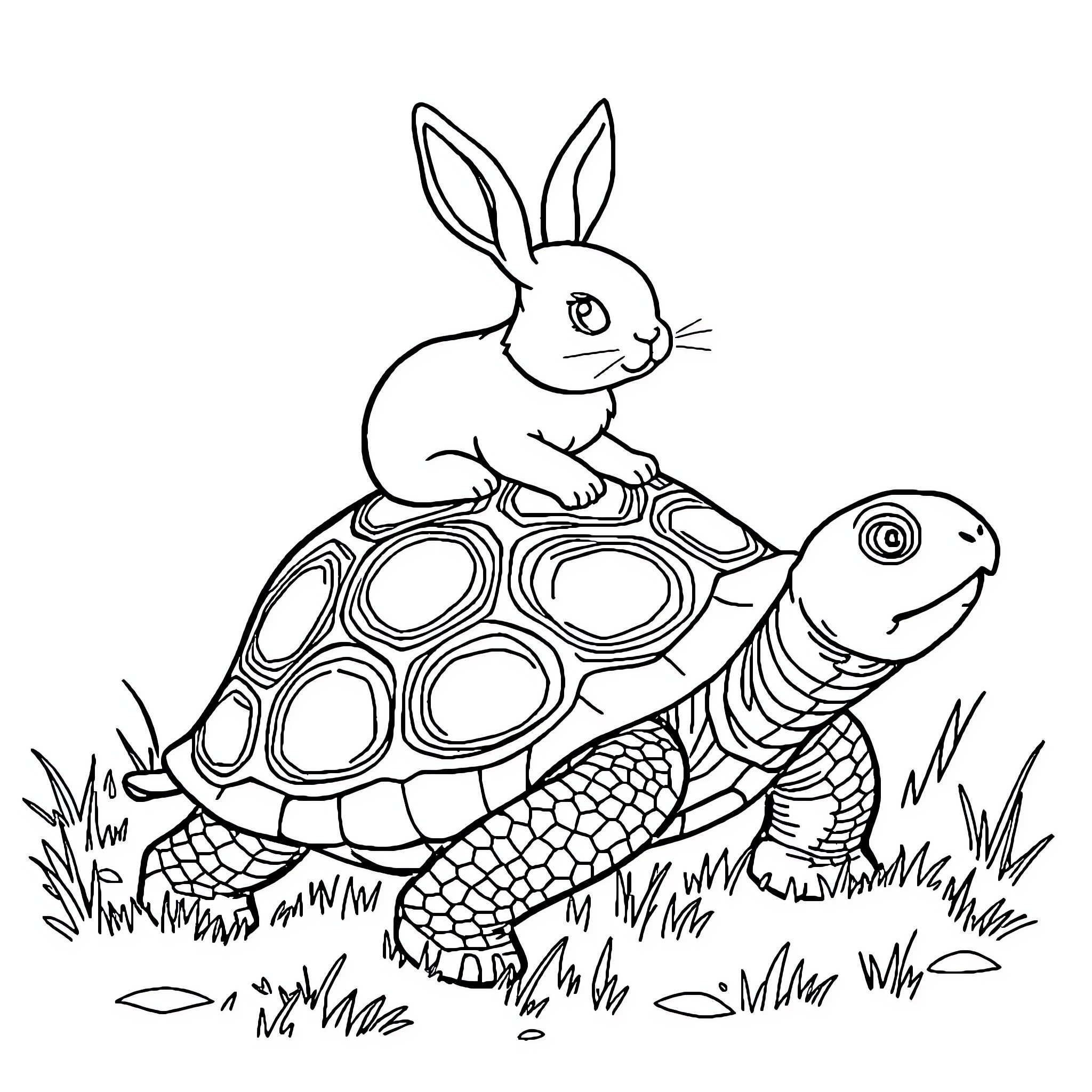 Rabbit riding a turtle in the meadow Coloring Page (free black-and-white line drawing printable PDF for all, from beginners to advanced learners, including children, teens, adults, and seniors)