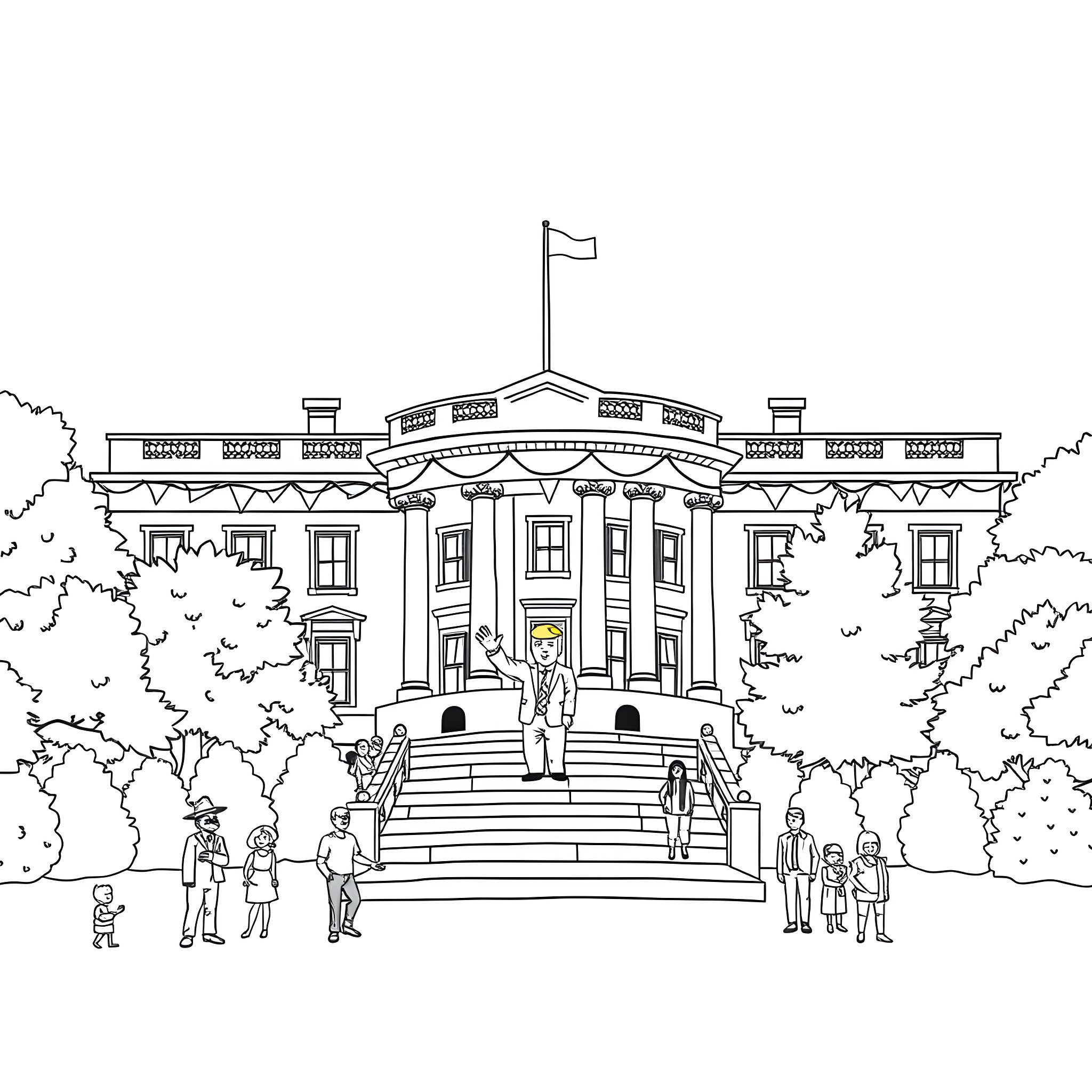 Trump visiting the iconic White House Coloring Page (free black-and-white line drawing printable PDF for all, from beginners to advanced learners, including children, teens, adults, and seniors)