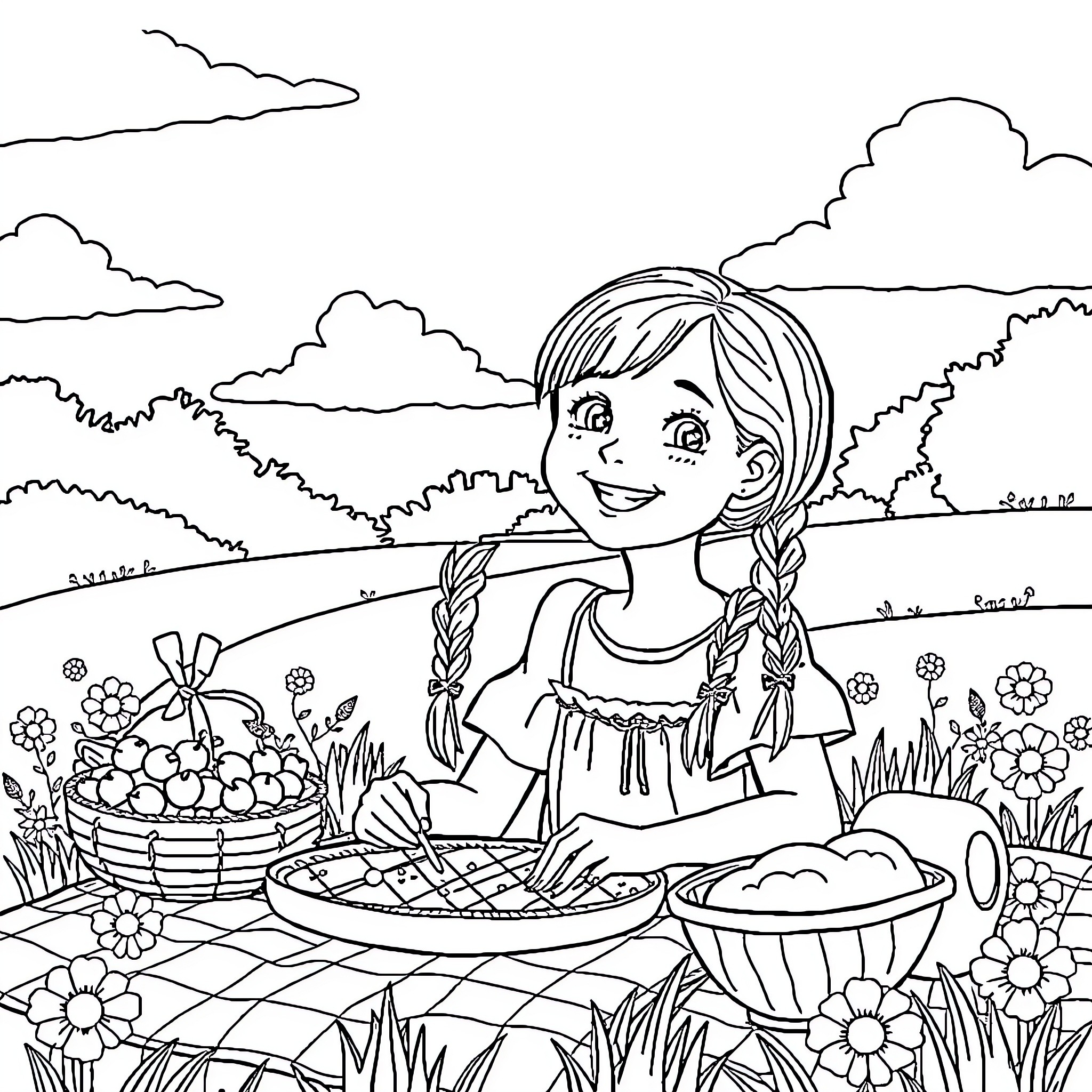 Girl enjoys picnic in scenic nature landscape Coloring Page (free black-and-white line drawing printable PDF for all, from beginners to advanced learners, including children, teens, adults, and seniors)