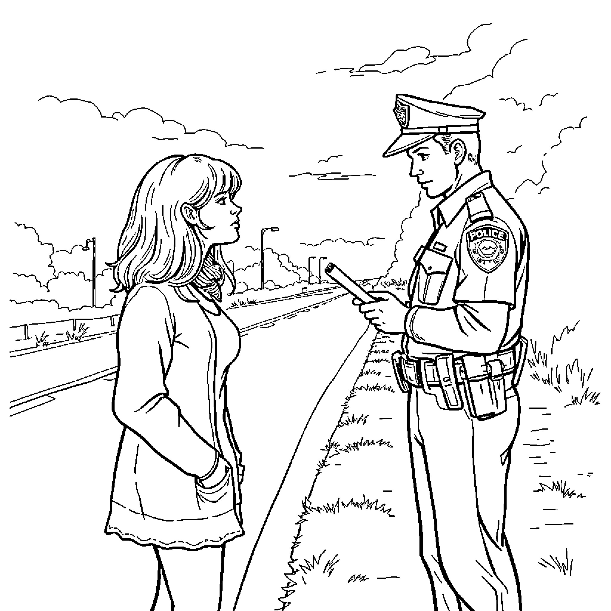 Woman interacting with police officer in public space Coloring Page (free black-and-white line drawing printable PDF for all, from beginners to advanced learners, including children, teens, adults, and seniors)