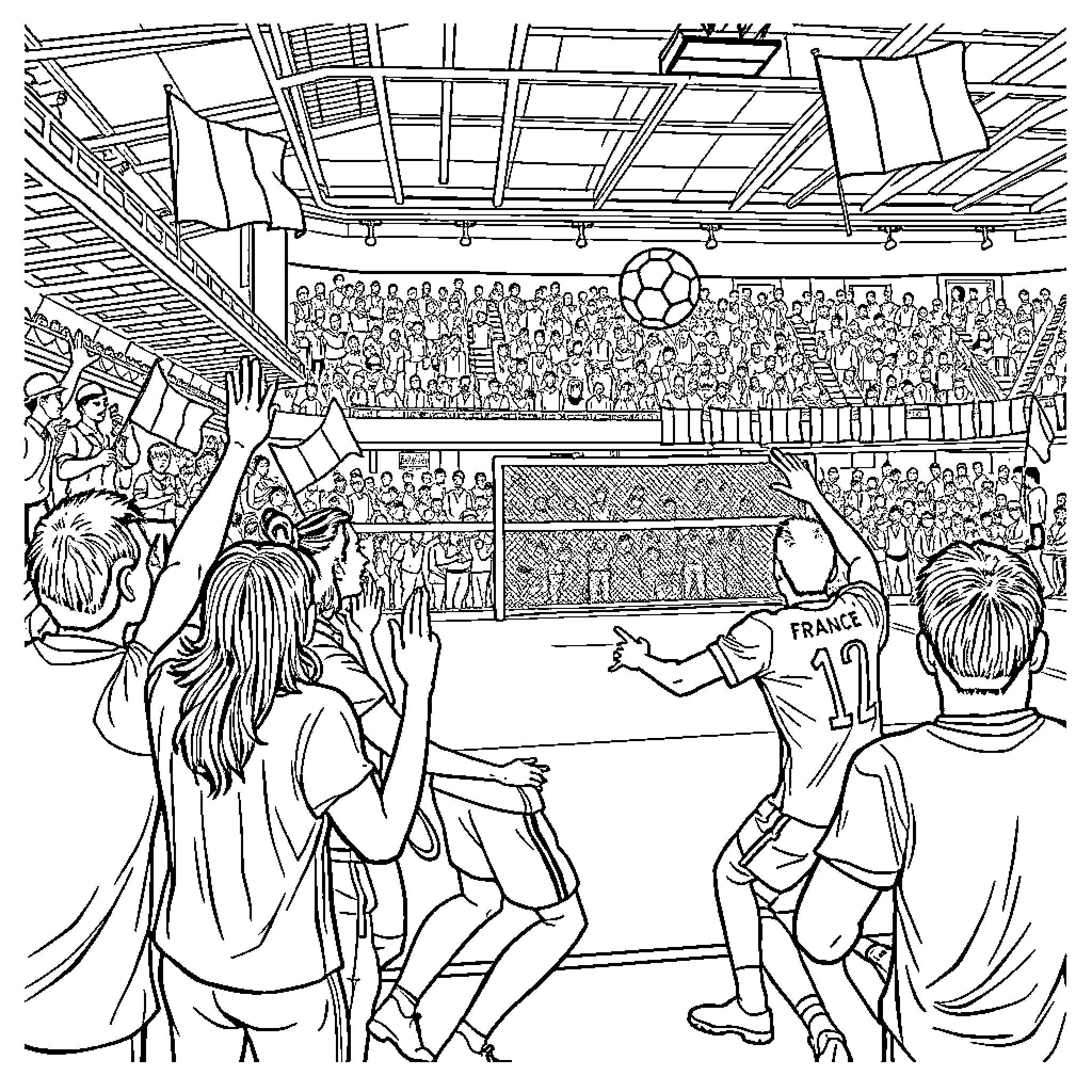 Handball match with crowds in a stadium Coloring Page (free black-and-white line drawing printable PDF for all, from beginners to advanced learners, including children, teens, adults, and seniors)