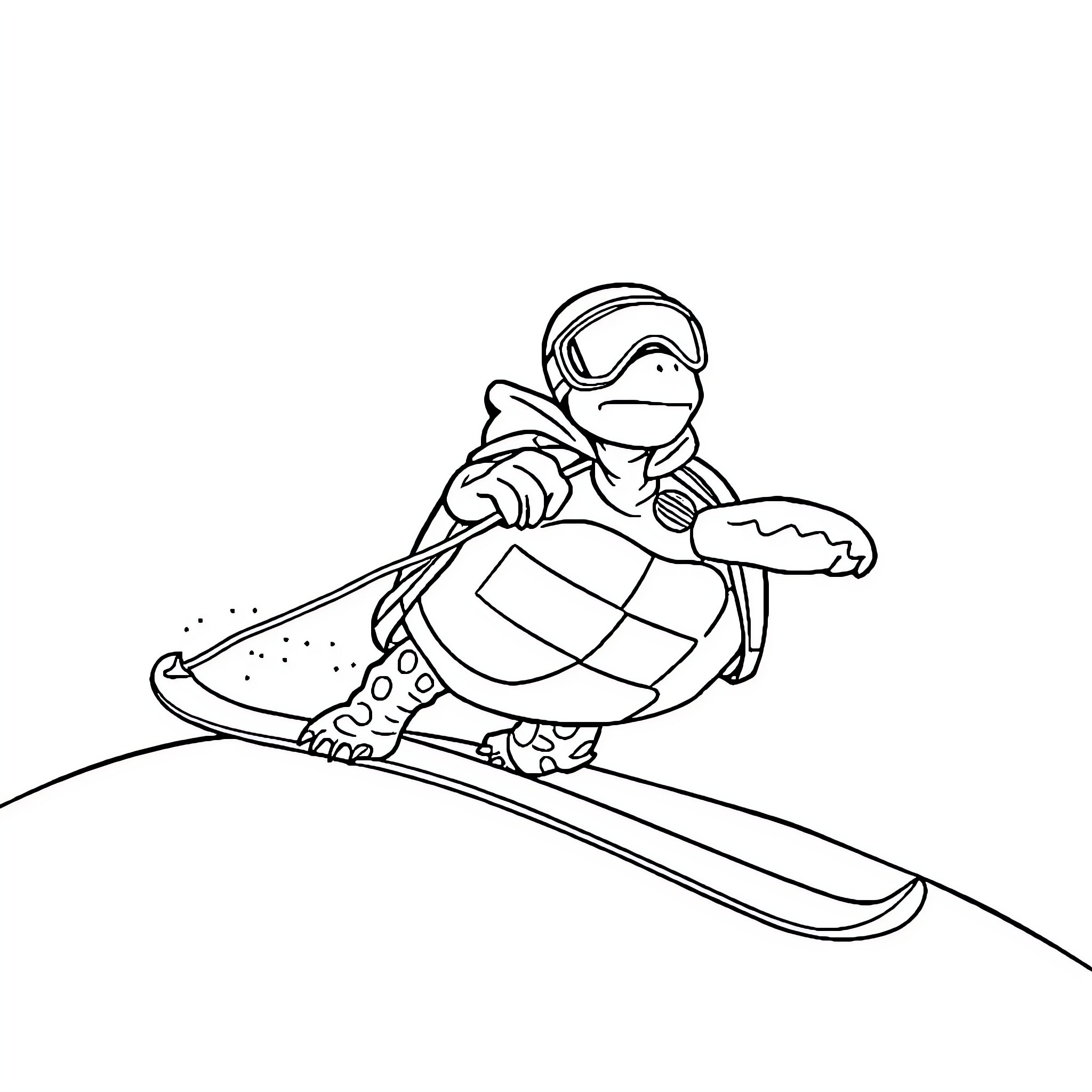 Turtle snowboarding down a slope Coloring Page (free black-and-white line drawing printable PDF for all, from beginners to advanced learners, including children, teens, adults, and seniors)