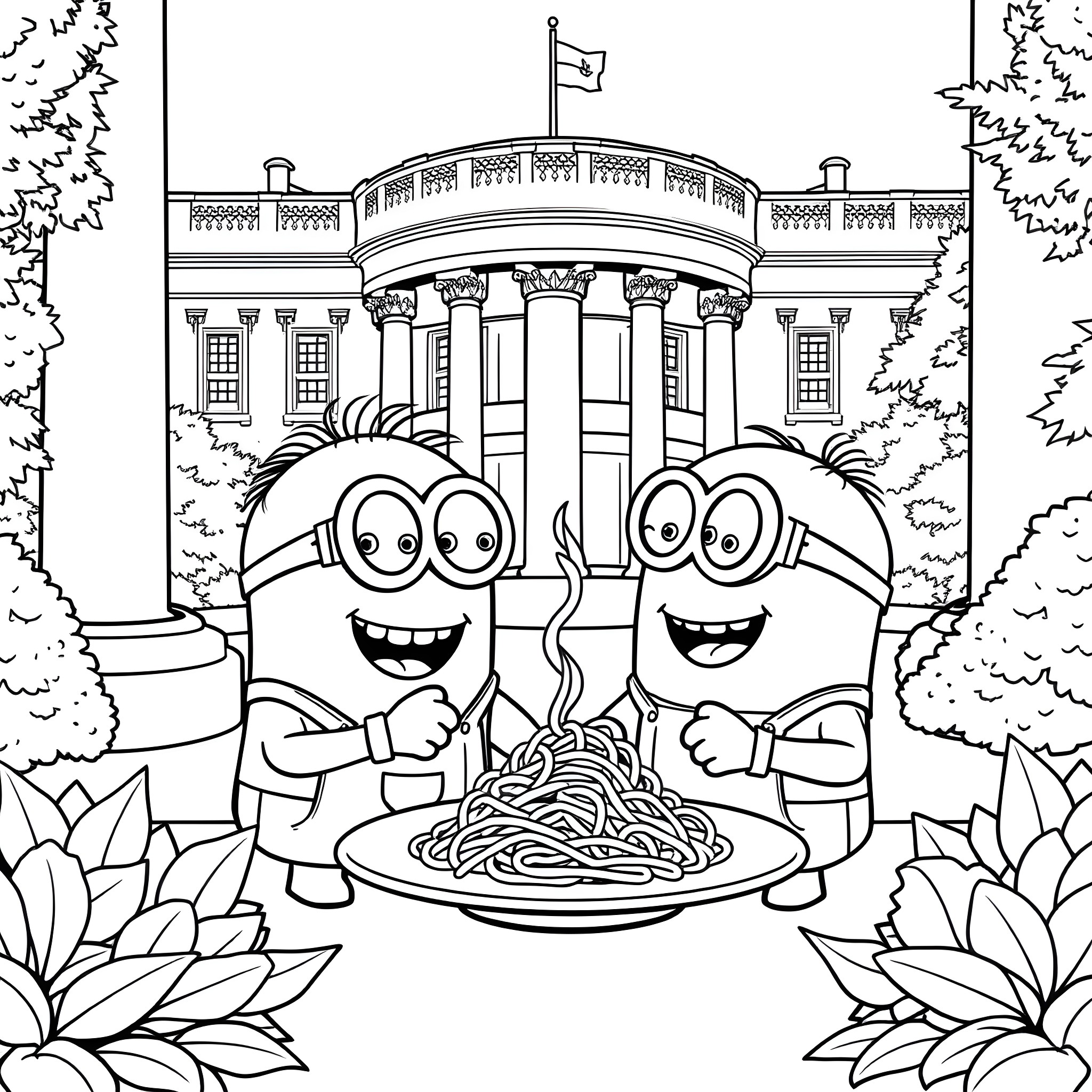 Minions Enjoying a Pasta Meal at the White House Coloring Page (free black-and-white line drawing printable PDF for all, from beginners to advanced learners, including children, teens, adults, and seniors)