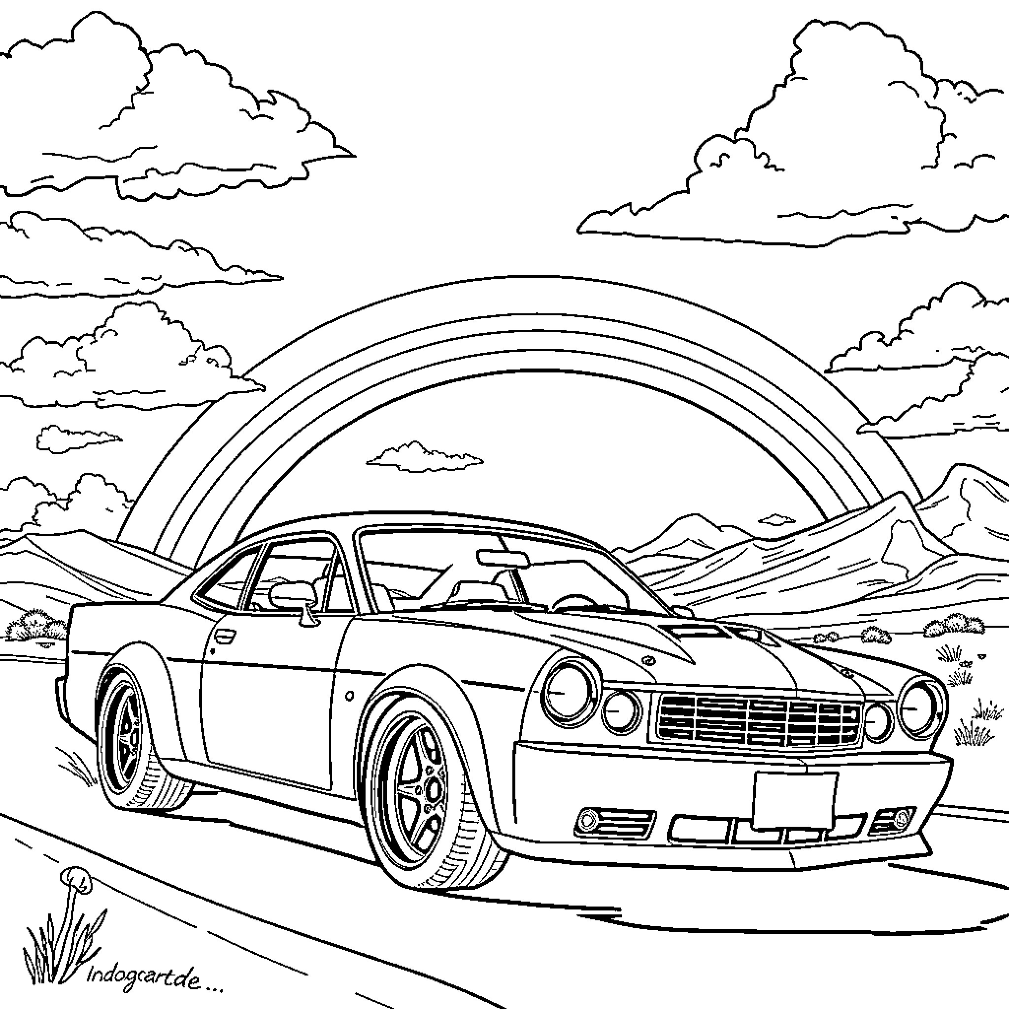 Reno's muscle car against the mountain landscape Coloring Page (free black-and-white line drawing printable PDF for all, from beginners to advanced learners, including children, teens, adults, and seniors)
