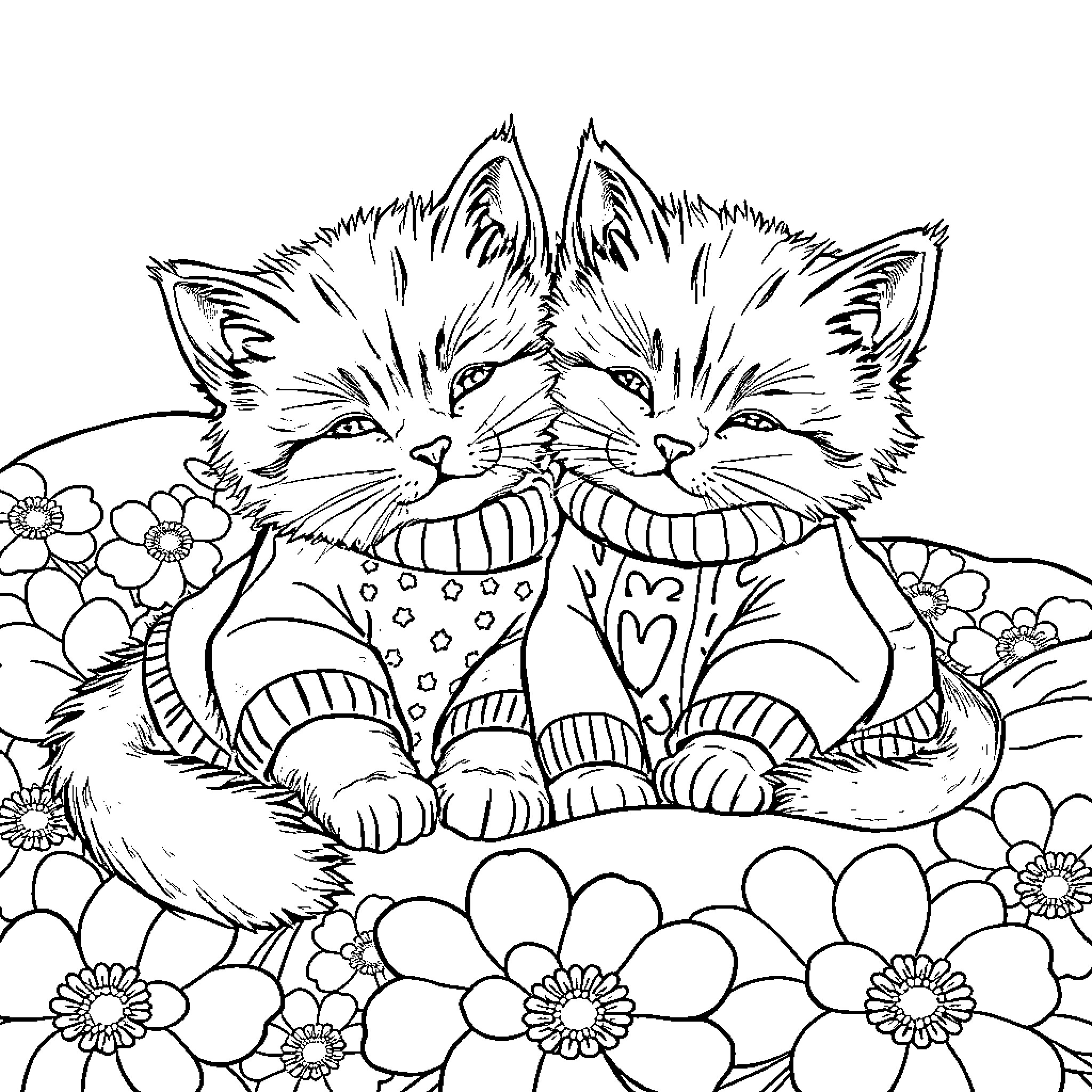 Kitten Siblings Relaxing in Flower Garden Coloring Page (free black-and-white line drawing printable PDF for all, from beginners to advanced learners, including children, teens, adults, and seniors)