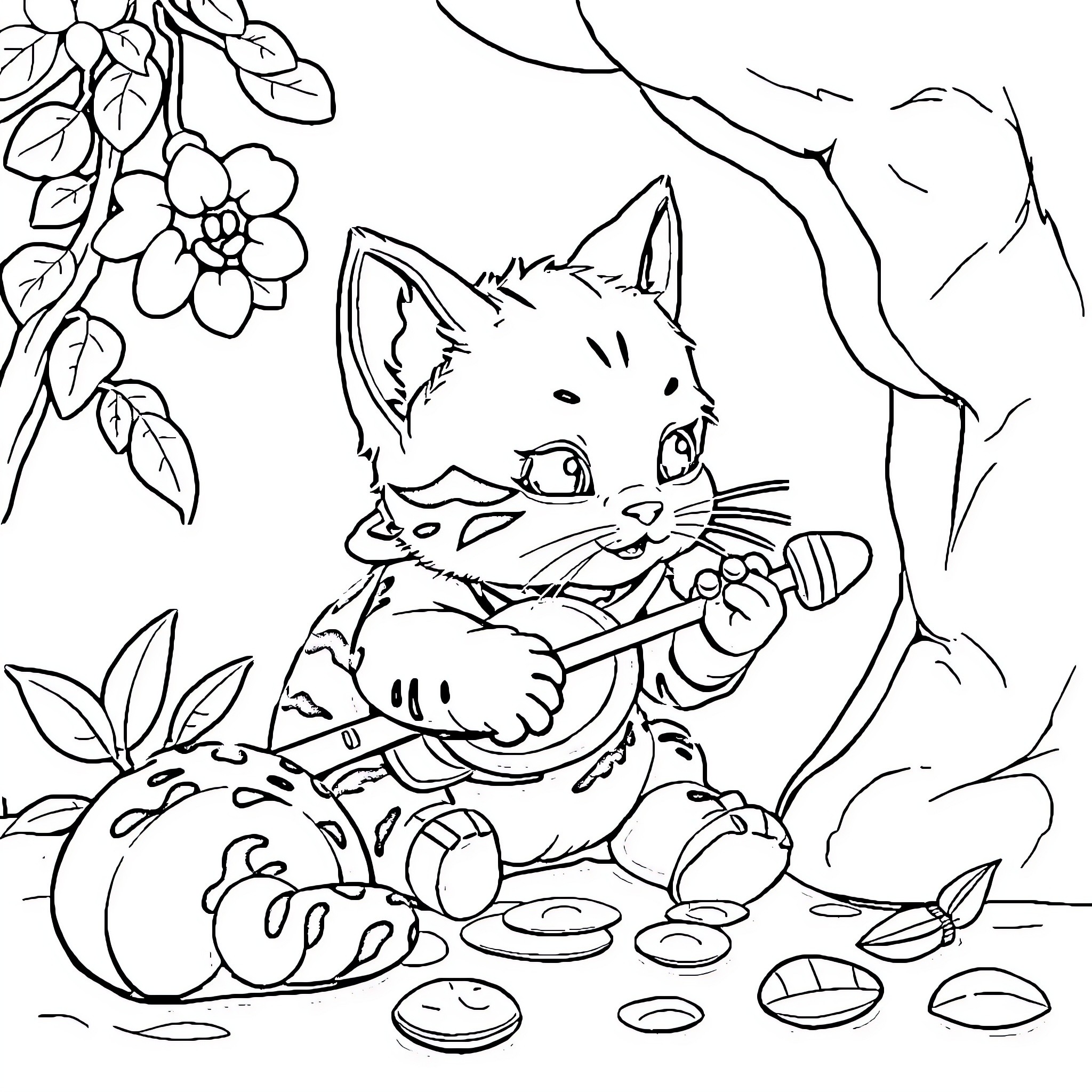 Kitten exploring floral surroundings Coloring Page (free black-and-white line drawing printable PDF for all, from beginners to advanced learners, including children, teens, adults, and seniors)