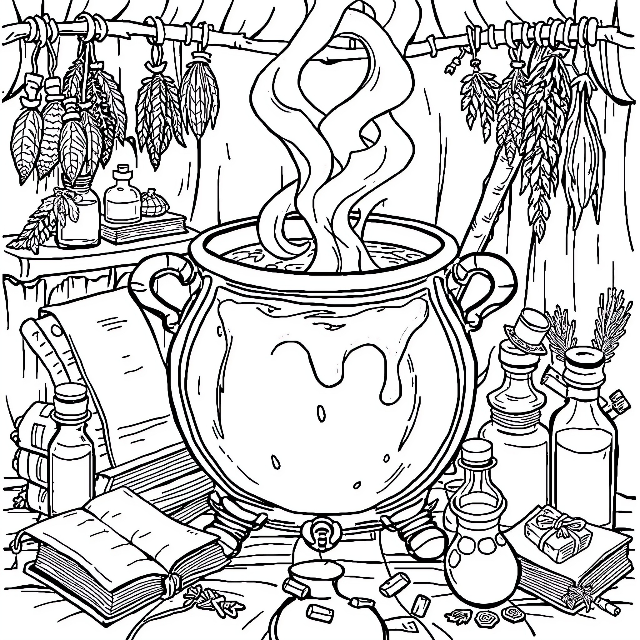 Cauldron of Magical Concoctions and Ingredients Coloring Page (free black-and-white line drawing printable PDF for all, from beginners to advanced learners, including children, teens, adults, and seniors)