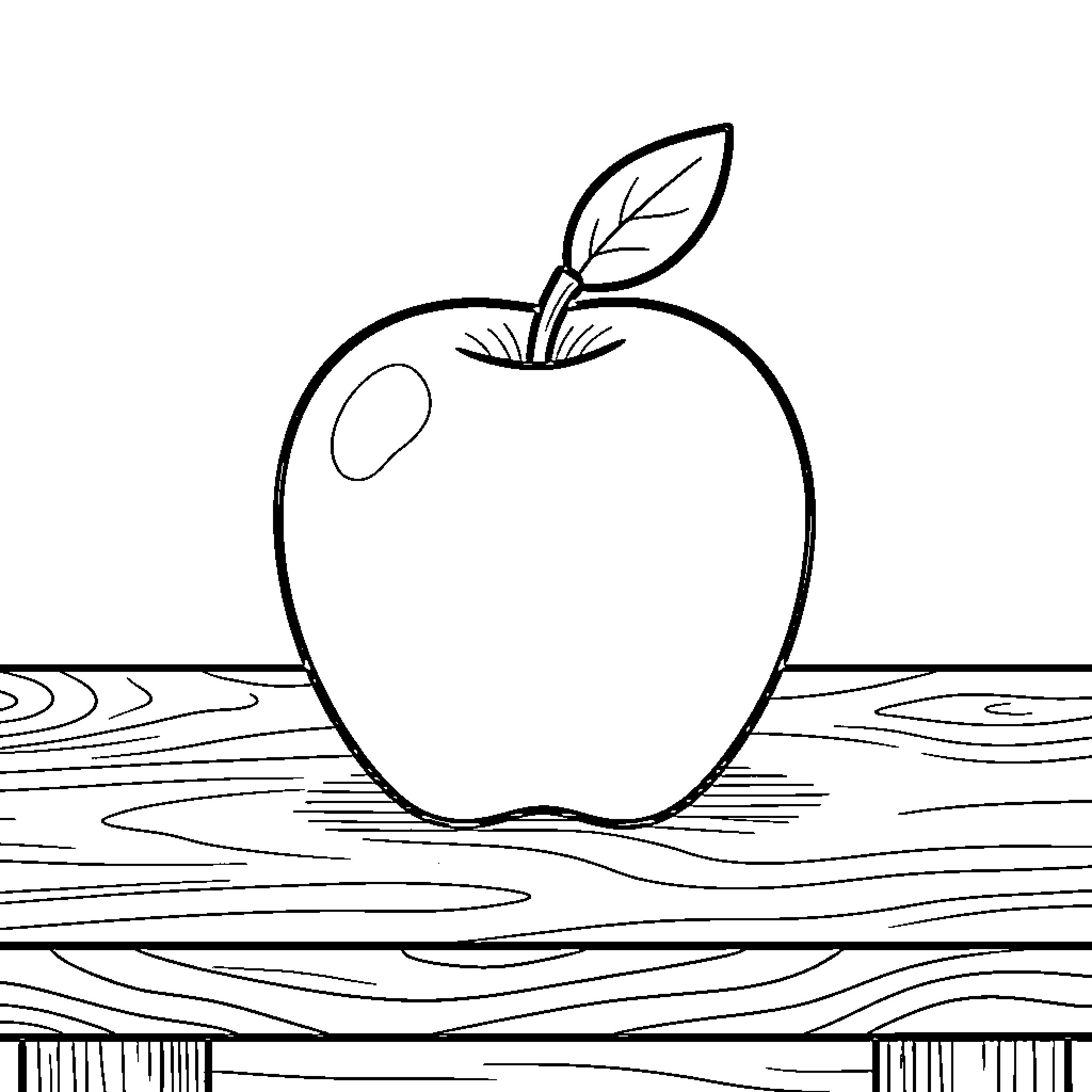 Apple resting on wooden surface Coloring Page (free black-and-white line drawing printable PDF for all, from beginners to advanced learners, including children, teens, adults, and seniors)