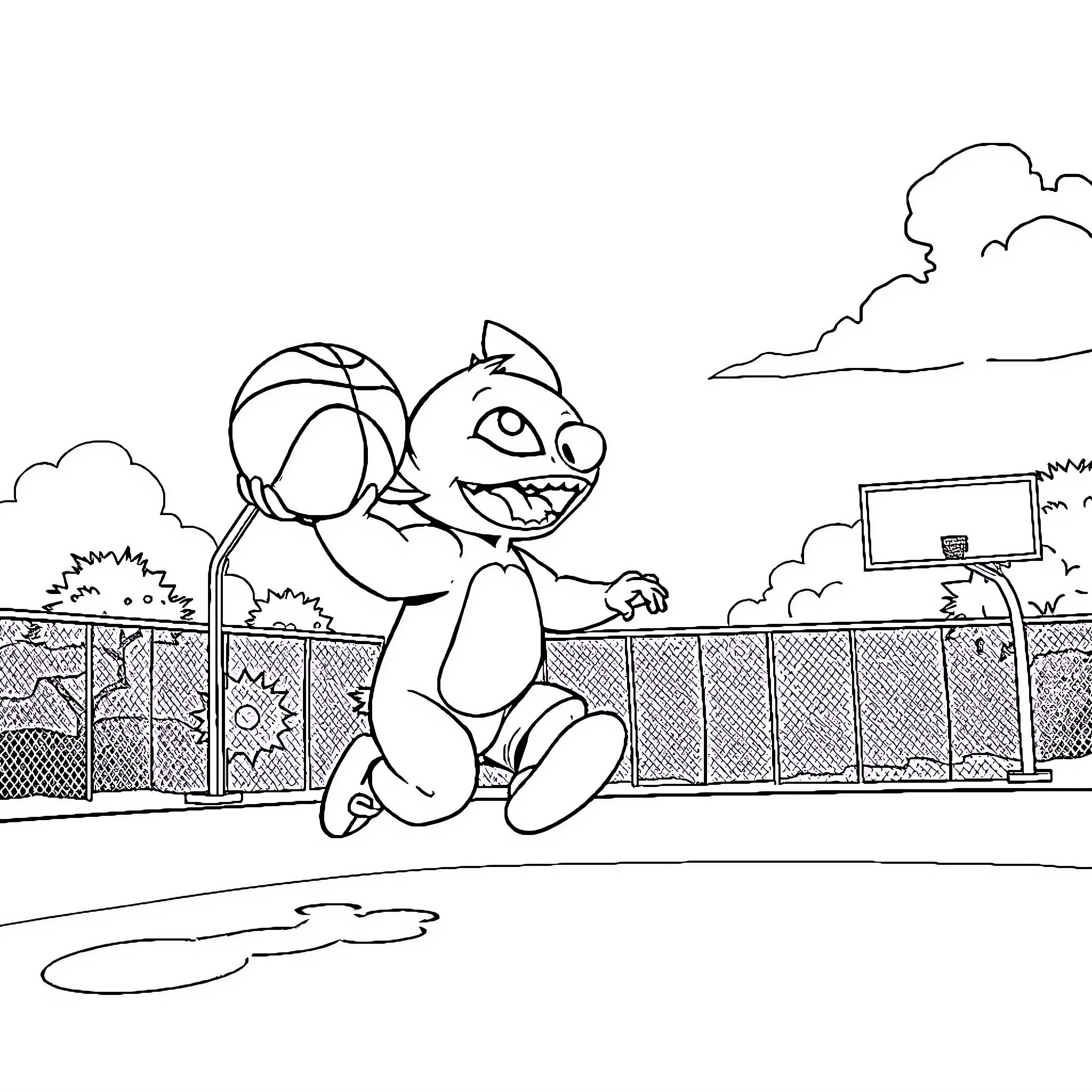 Stitch playing happily on a basketball court Coloring Page (free black-and-white line drawing printable PDF for all, from beginners to advanced learners, including children, teens, adults, and seniors)
