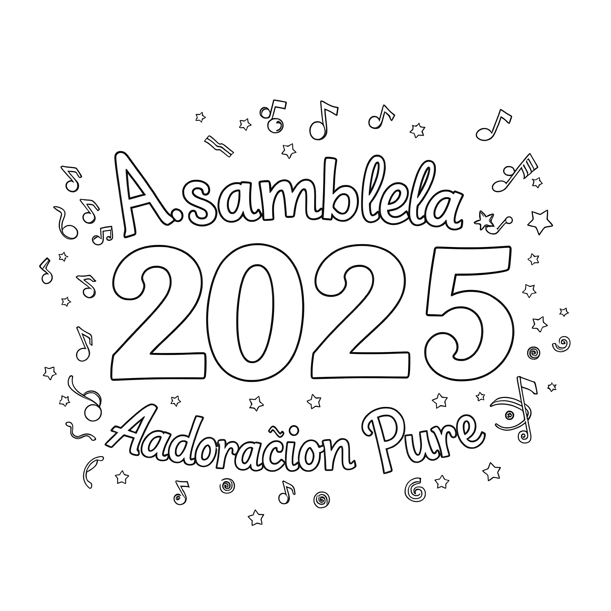 Text about a musical celebration in 2025 Coloring Page (free black-and-white line drawing printable PDF for all, from beginners to advanced learners, including children, teens, adults, and seniors)