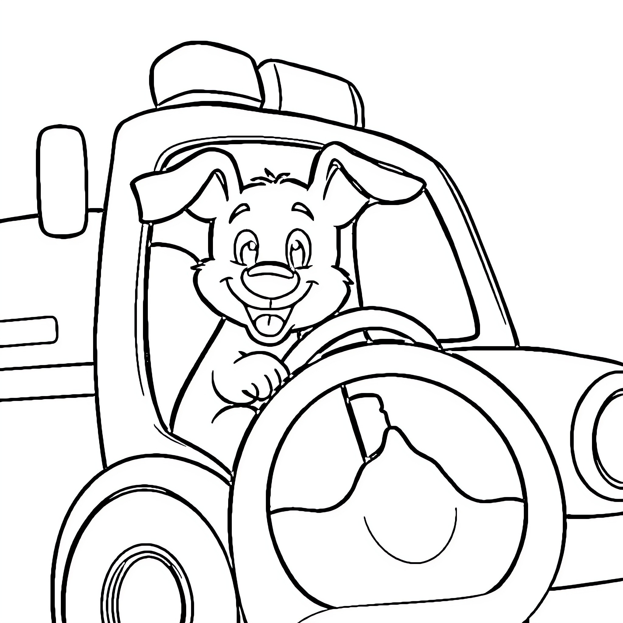 Dog driving a car with a happy expression Coloring Page (free black-and-white line drawing printable PDF for all, from beginners to advanced learners, including children, teens, adults, and seniors)