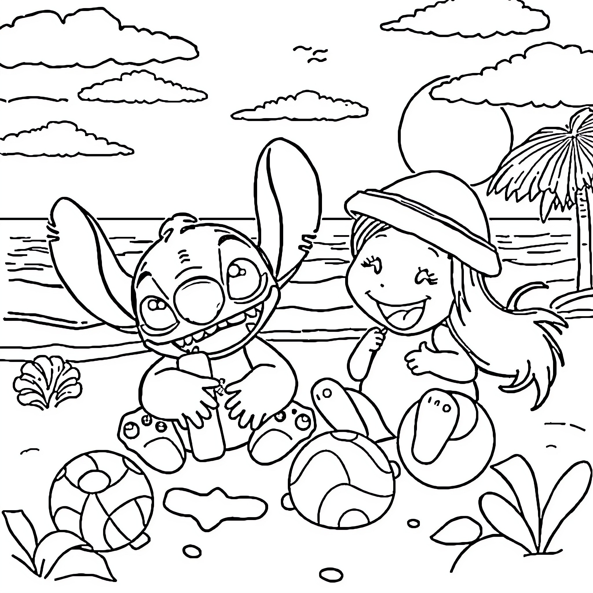 Stitch and Girl Playing at the Beach Coloring Page (free black-and-white line drawing printable PDF for all, from beginners to advanced learners, including children, teens, adults, and seniors)