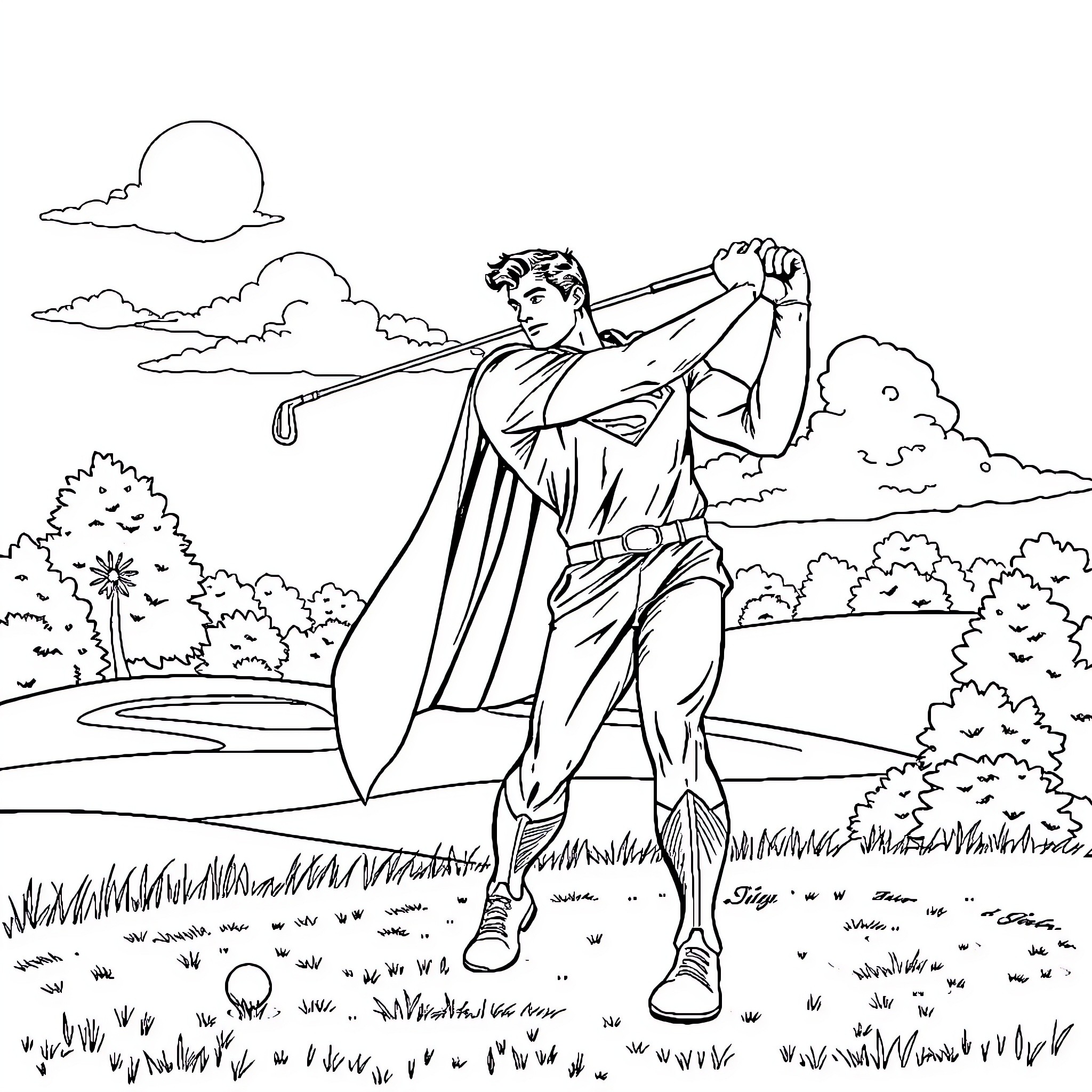 Superman soaring through the sky with strength and power Coloring Page (free black-and-white line drawing printable PDF for all, from beginners to advanced learners, including children, teens, adults, and seniors)