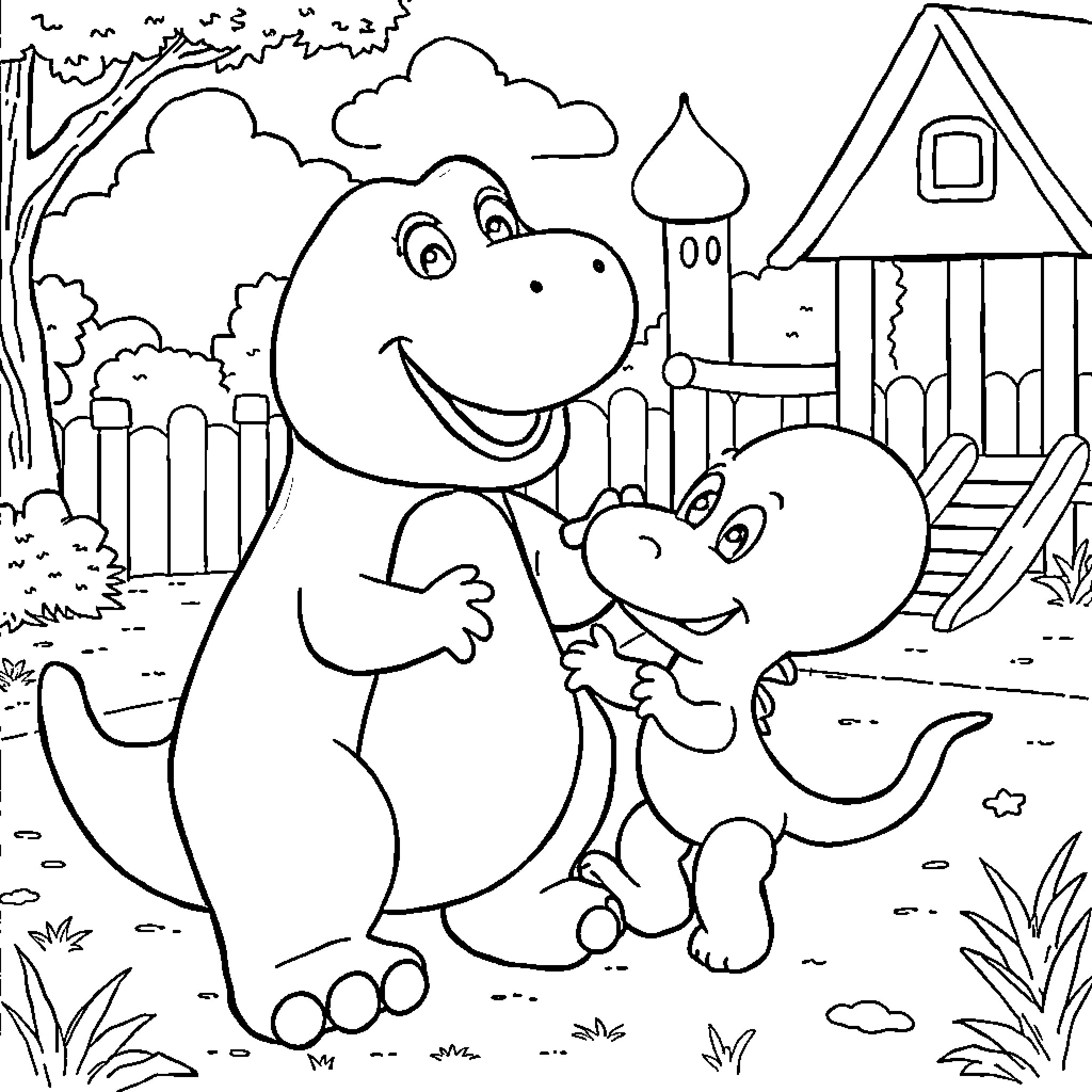 Barney and Friend Explore the Backyard Coloring Page (free black-and-white line drawing printable PDF for all, from beginners to advanced learners, including children, teens, adults, and seniors)