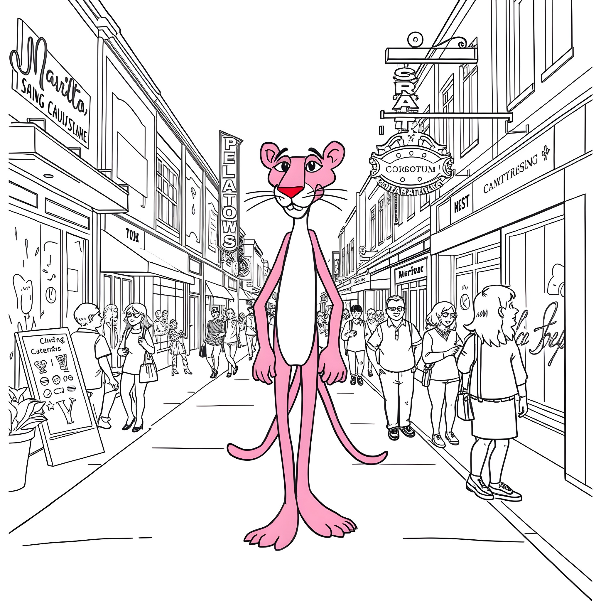 Pink Panther walking on a bustling city street Coloring Page (free black-and-white line drawing printable PDF for all, from beginners to advanced learners, including children, teens, adults, and seniors)