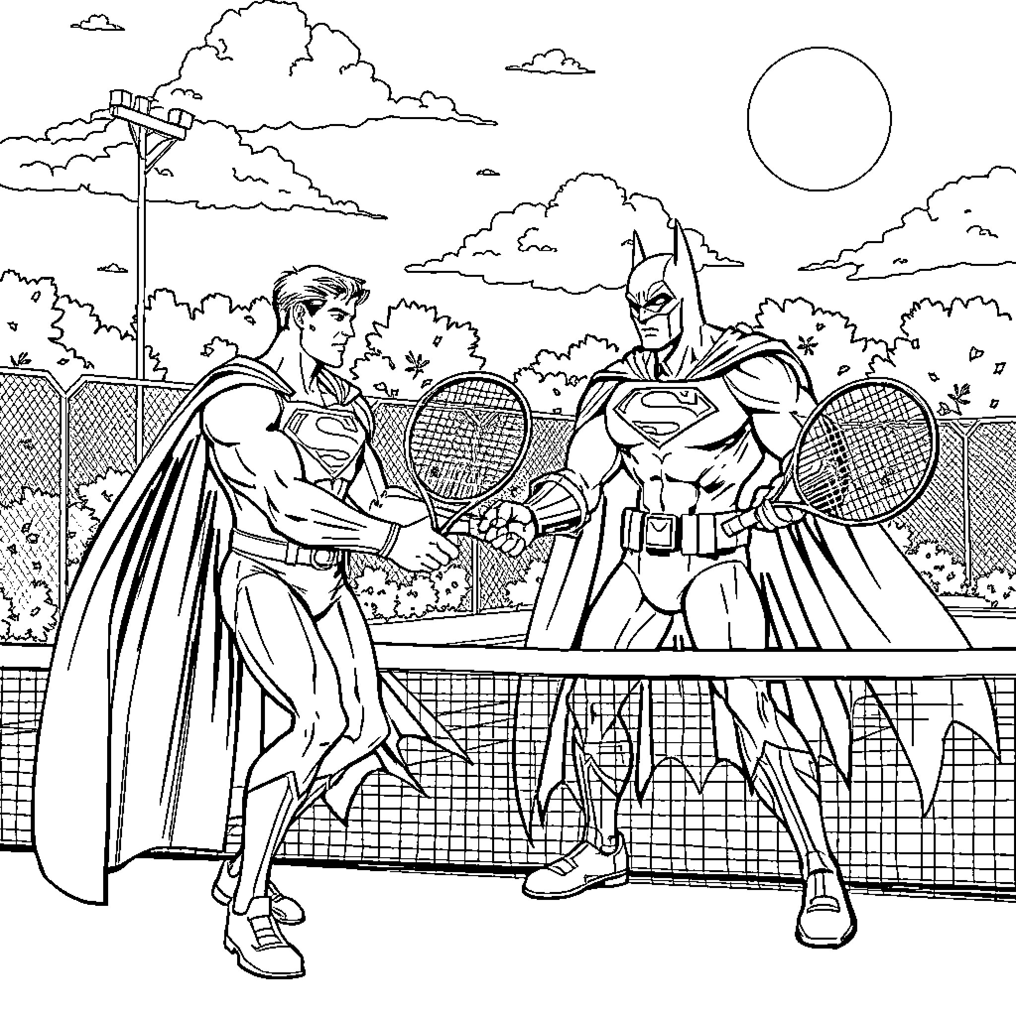 Superman and Batman playing tennis on a court Coloring Page (free black-and-white line drawing printable PDF for all, from beginners to advanced learners, including children, teens, adults, and seniors)
