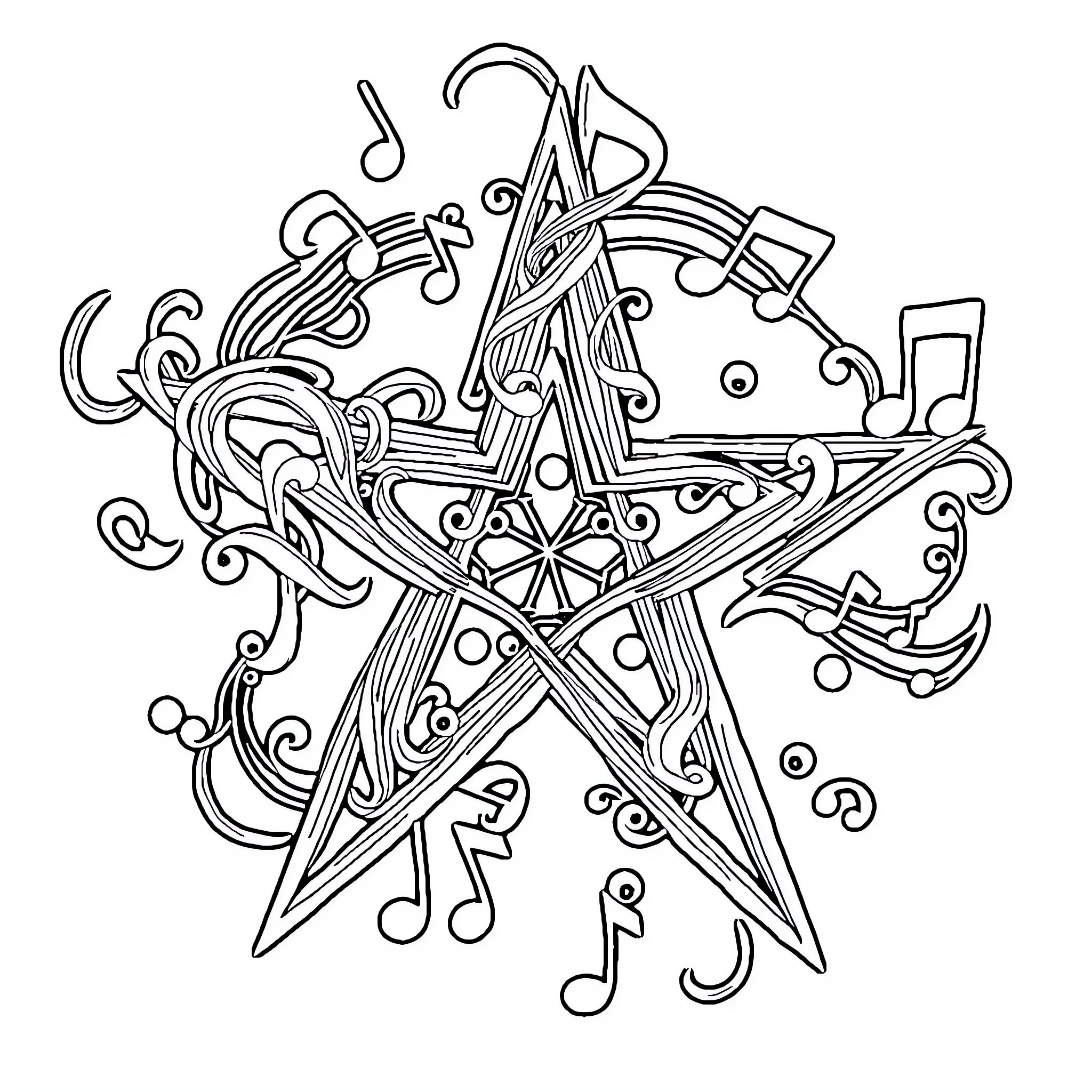 Pentagram with Intricate Musical Designs Coloring Page (free black-and-white line drawing printable PDF for all, from beginners to advanced learners, including children, teens, adults, and seniors)