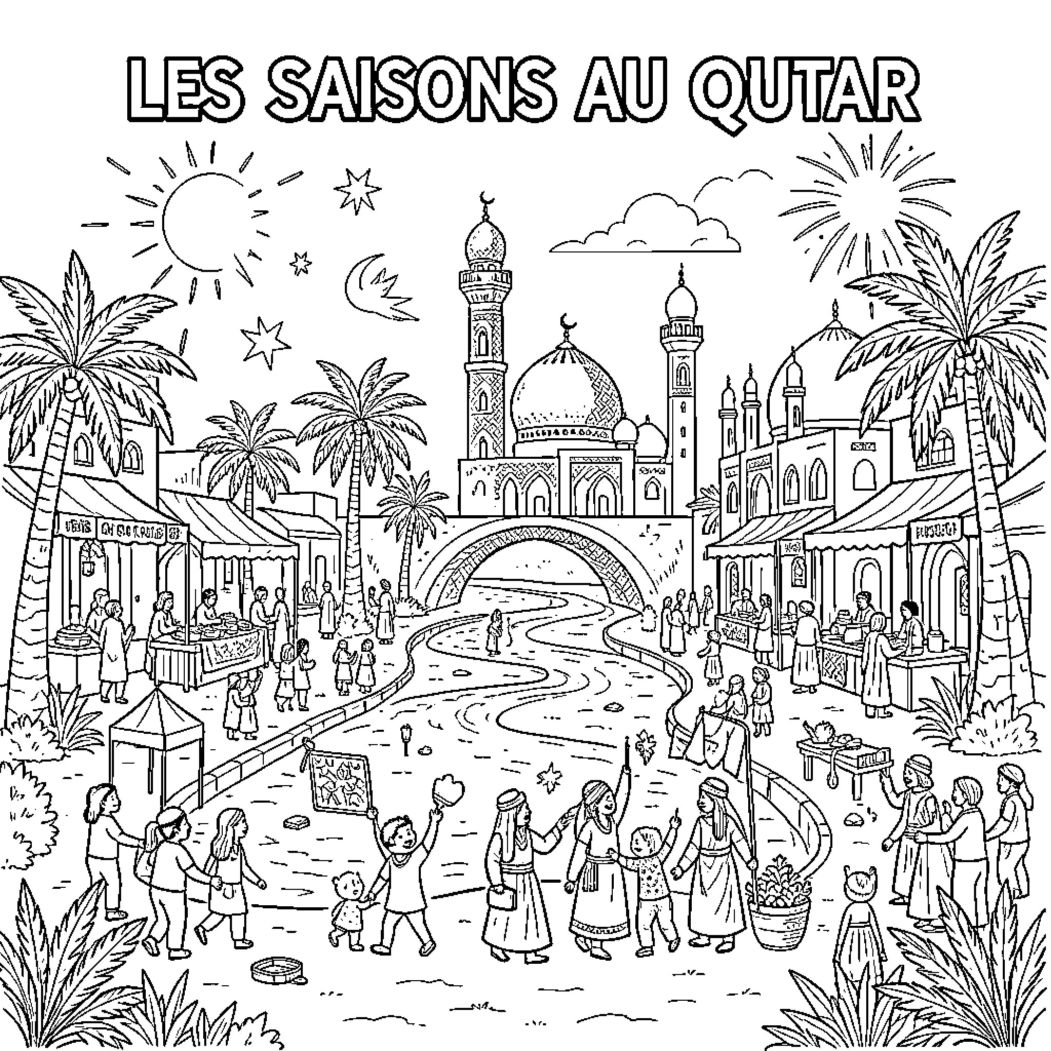 Season of bustling activity in a Middle Eastern market Coloring Page (free black-and-white line drawing printable PDF for all, from beginners to advanced learners, including children, teens, adults, and seniors)