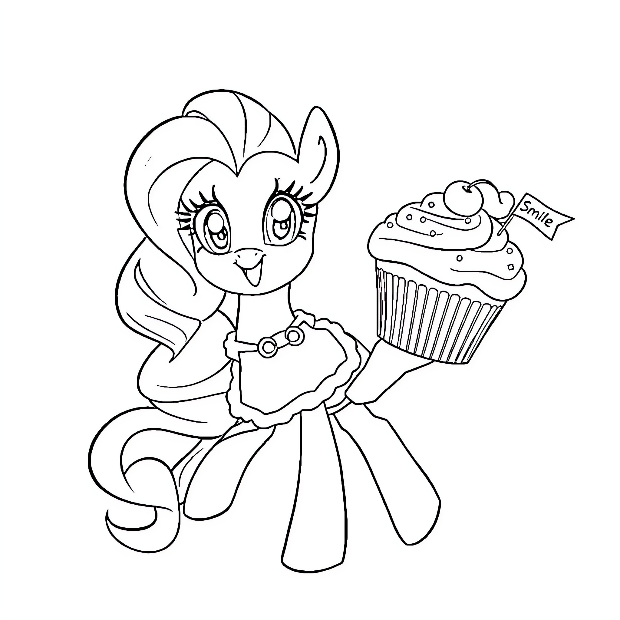 Pinkie Pie Enjoys a Delicious Cupcake Coloring Page (free black-and-white line drawing printable PDF for all, from beginners to advanced learners, including children, teens, adults, and seniors)